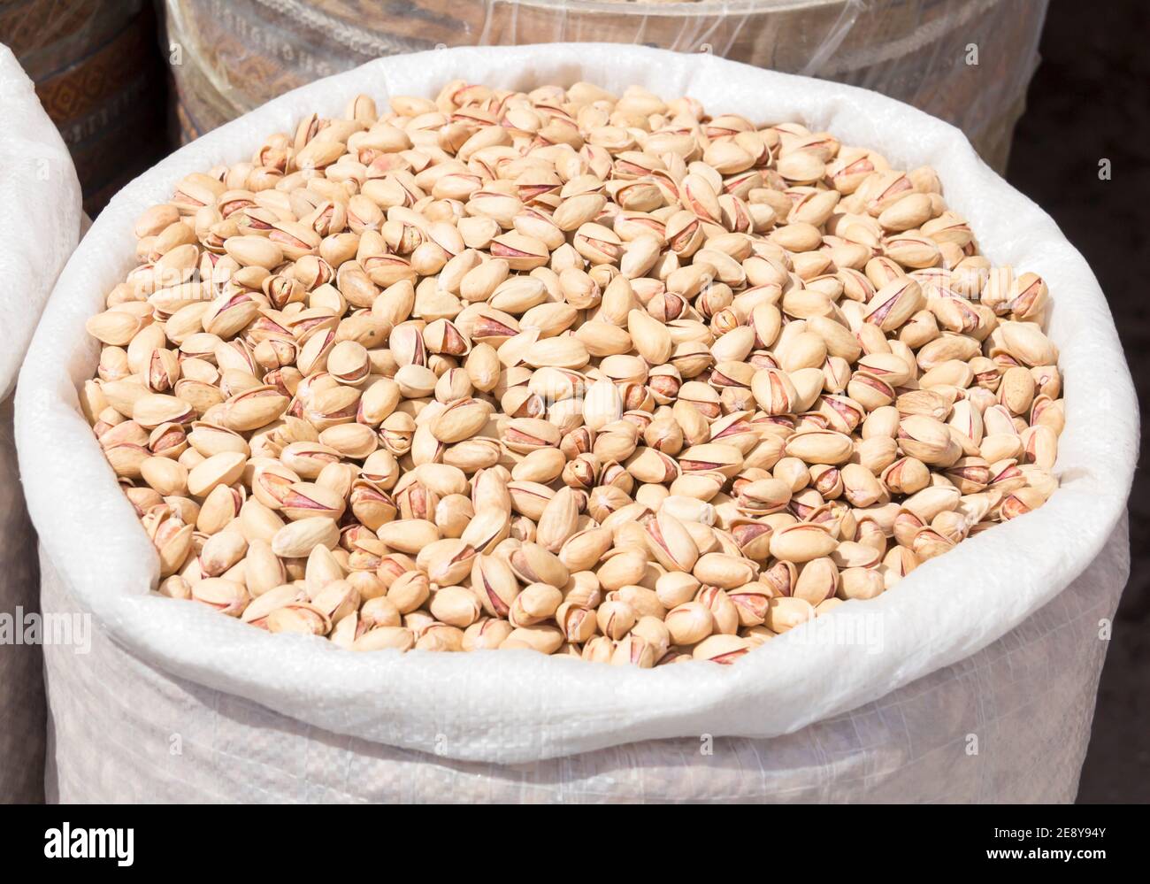 Close up of sack of fresh pistachios. Stock Photo