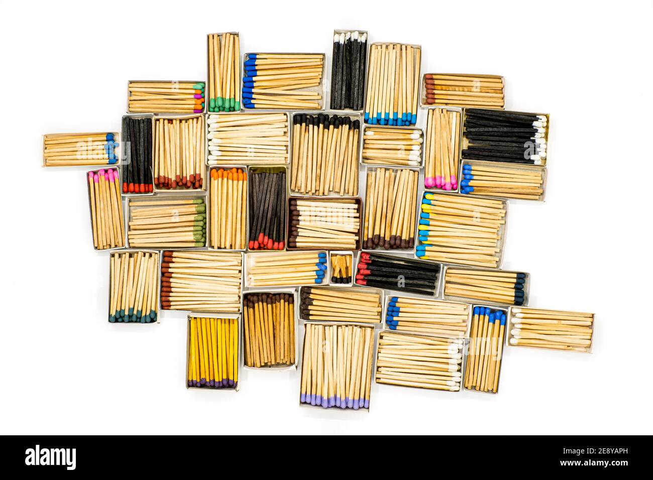 multicolored match sticks in boxes on a white background Stock Photo