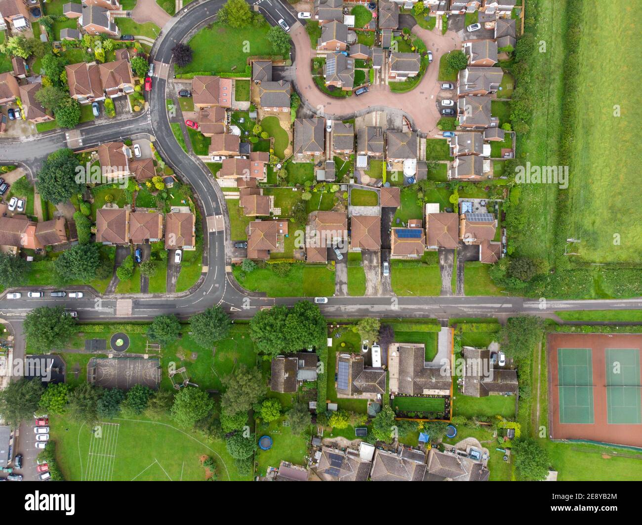 Aerial photo of the UK British town of Wheldrake that is in the City of York in West Yorkshire, showing a typical UK housing estate and rows of houses Stock Photo