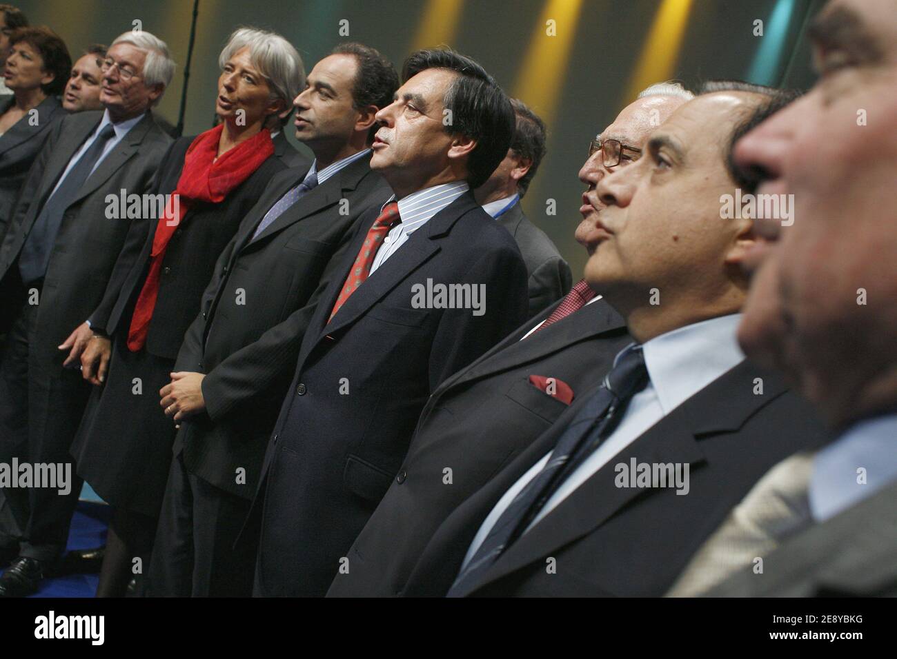Josselin de Rohan, Economy minister Christine Lagarde, Jean-Francois Cope,  Prime Minister Francois Fillon, Junior Minister for Relations with the  Parliament Roger Karoutchi attend the 'UMP' parliamentary days in  Strasbourg, France on September