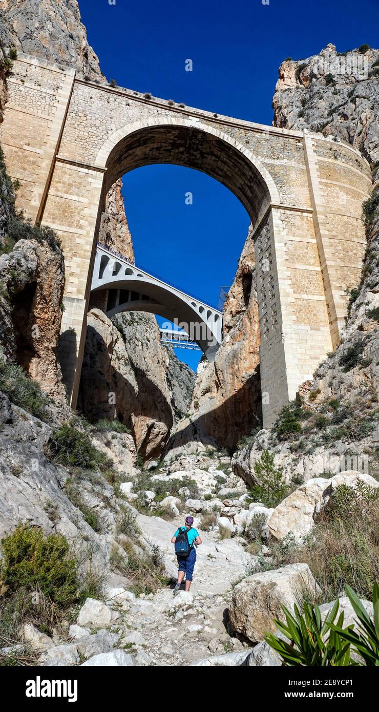 The deep rocky gorge of Mascarat with its three bridges, , near Calpe, Bendorm, Costa Blanca, Spain Stock Photo