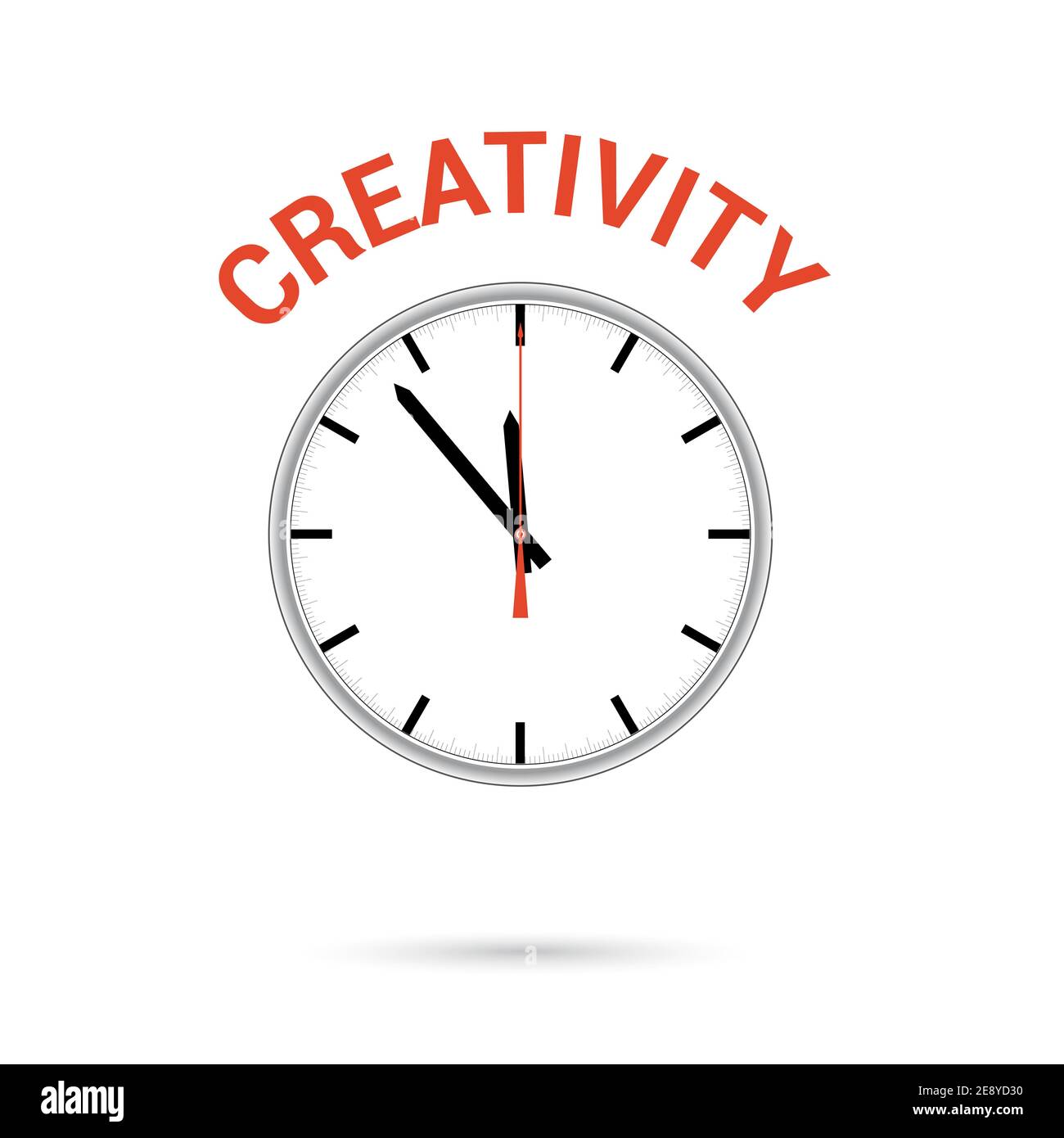 Vector illustration of clock icon. Red arrow points to word CREATIVITY ...