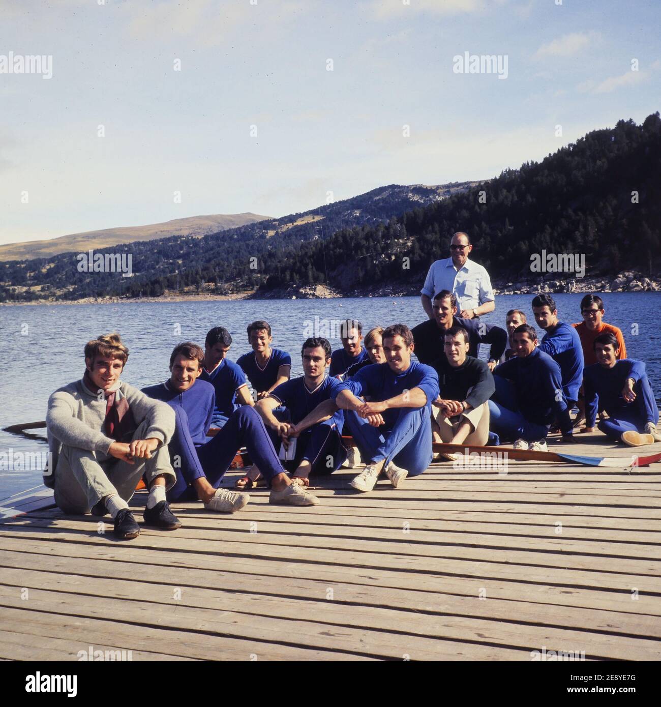 Athletes from the French National Summer Olympic Rowing Team take part in a training session at Font-Romeu, Pyrénées-Orientales, France, 1968 Stock Photo