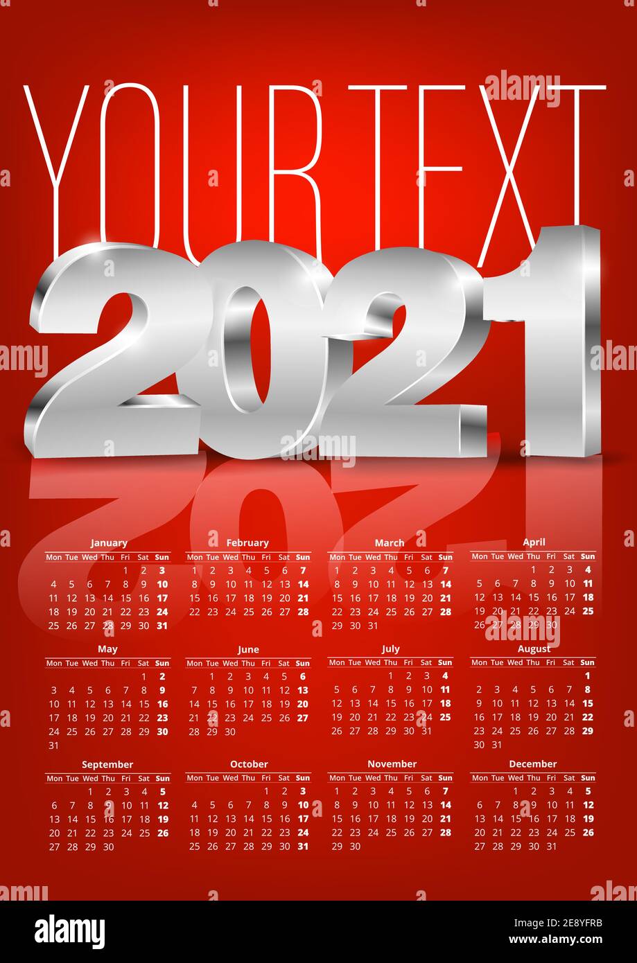 2021 calendar A format size red template with 3D numbers. vector background Stock Vector