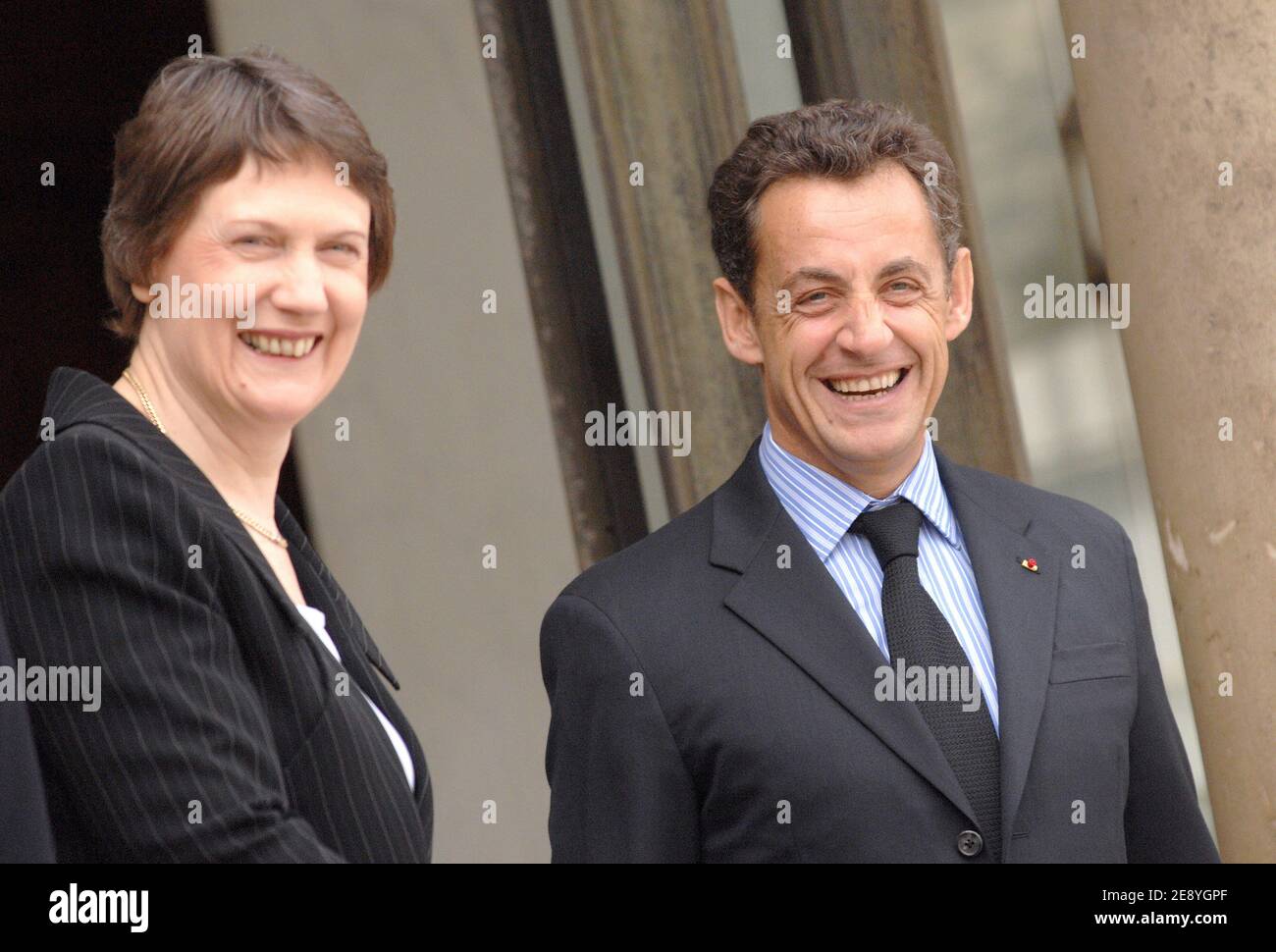 New Zealand Prime Minister Helen Clark is welcomed by French President Nicolas Sarkozy before talks upon her arrival at the presidential Elysee Palace, in Paris, France, on October 5, 2007. Photo by Christophe Guibbaud/ABACAPRESS.COM Stock Photo