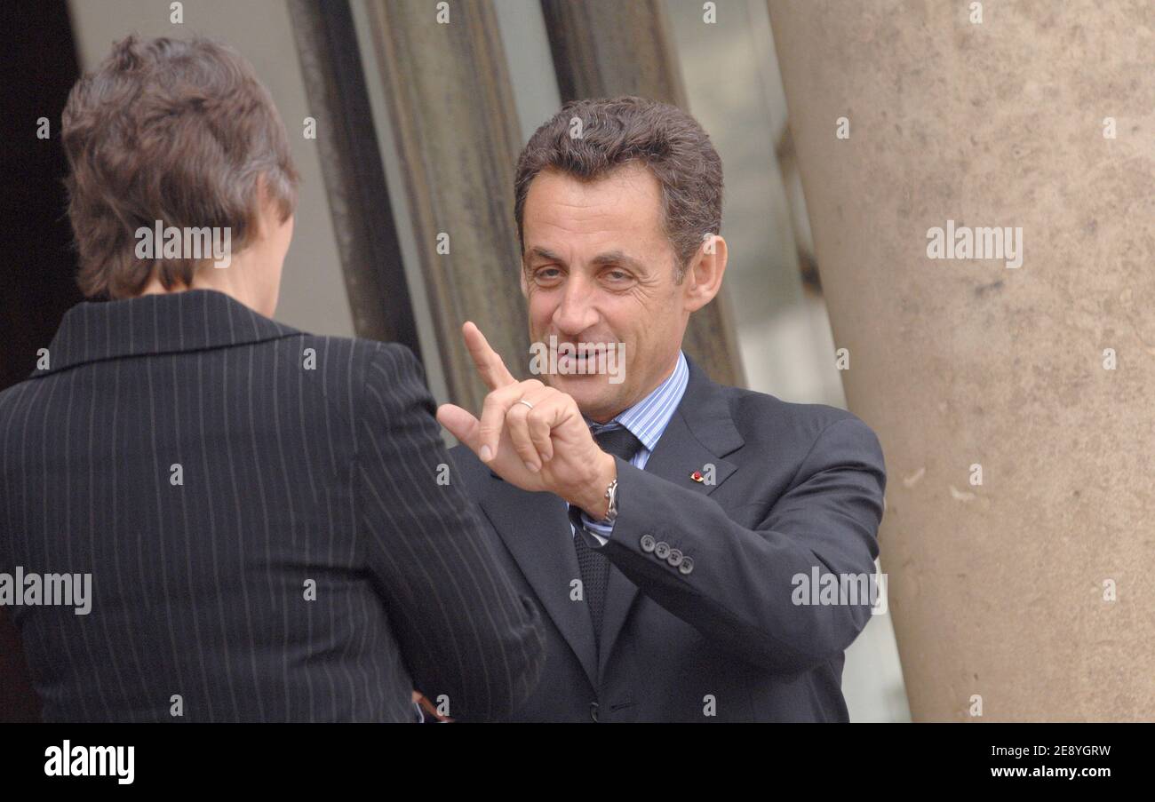 New Zealand Prime Minister Helen Clark is welcomed by French President Nicolas Sarkozy before talks upon her arrival at the presidential Elysee Palace, in Paris, France, on October 5, 2007. Photo by Christophe Guibbaud/ABACAPRESS.COM Stock Photo
