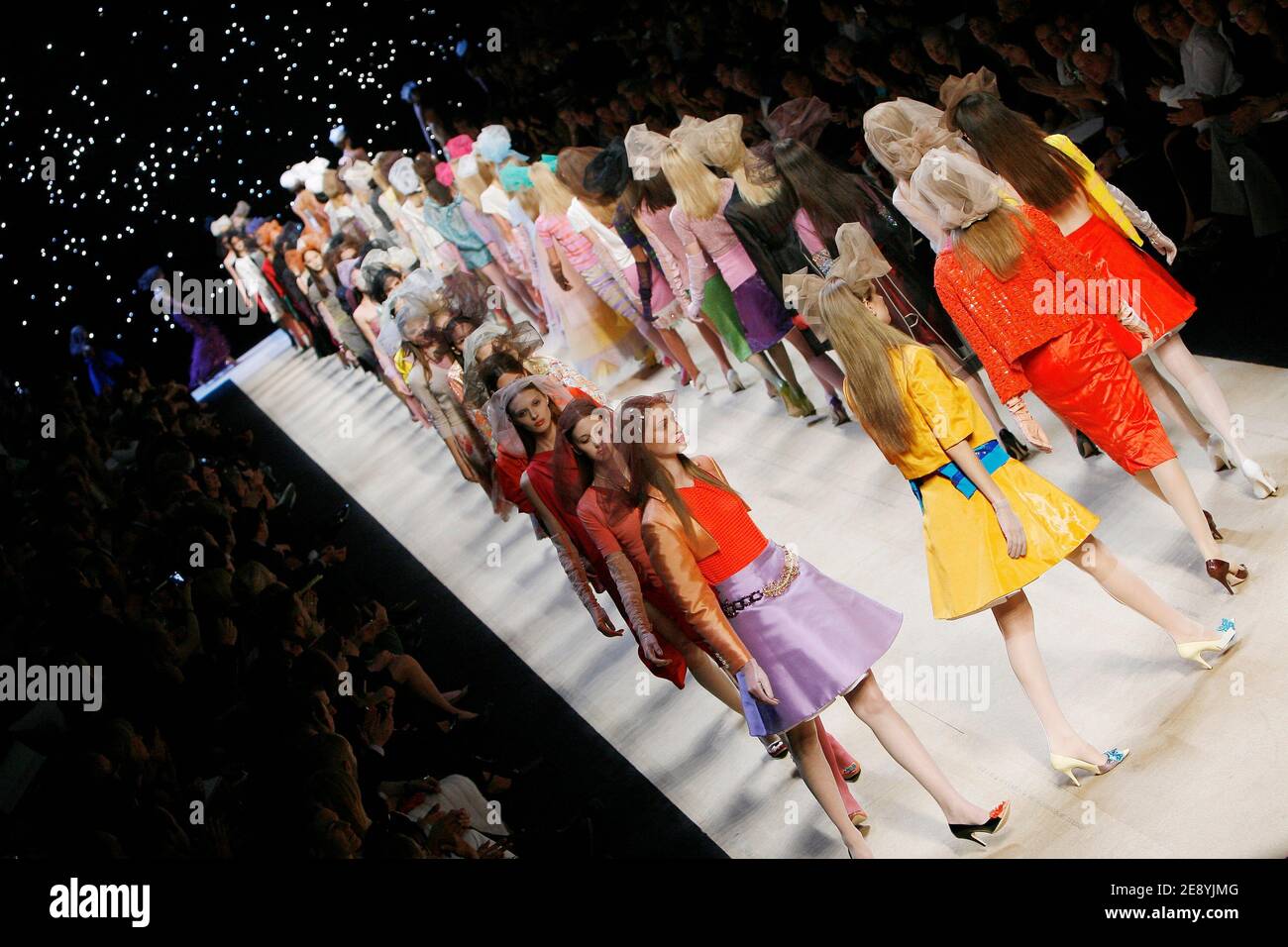 Models display creations by designer Marc Jacobs for Louis Vuitton