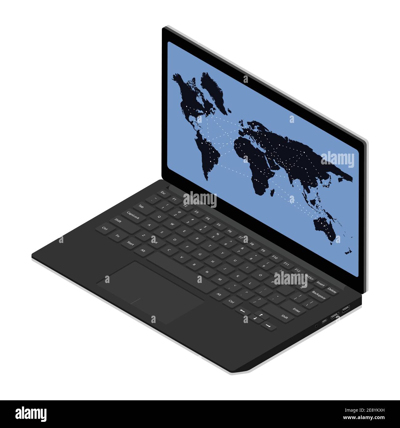 Tracking location. Laptop with world map isometric view isolated on
