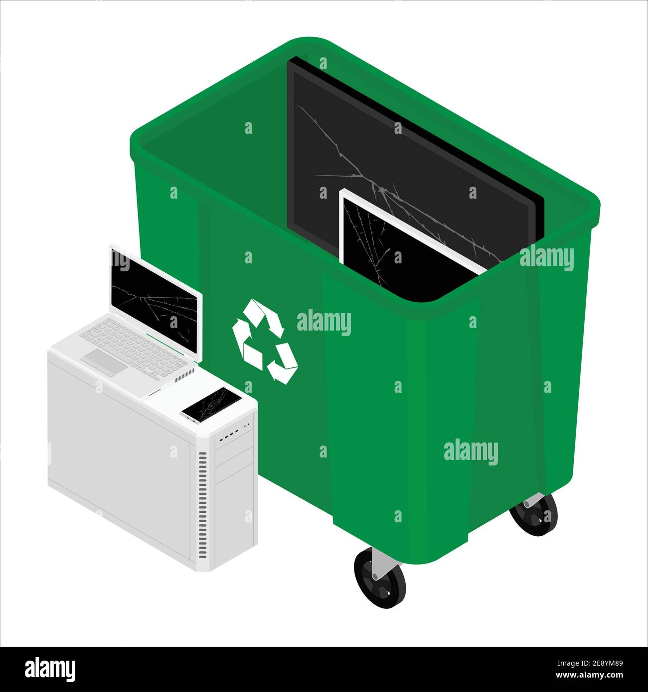 Electronic waste in green recycling can, bin with electrical and electronic devices. Recycling