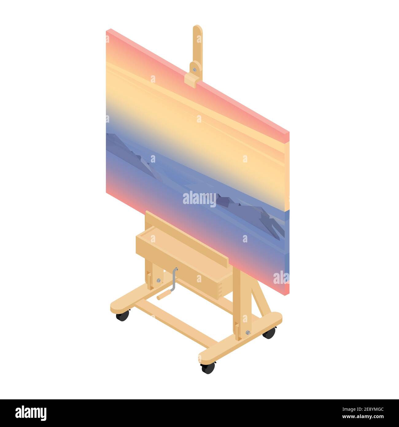 Art drawing class concept. Paint desk easel with sunset and mountains painting. Vector. Isometric view. Stock Vector