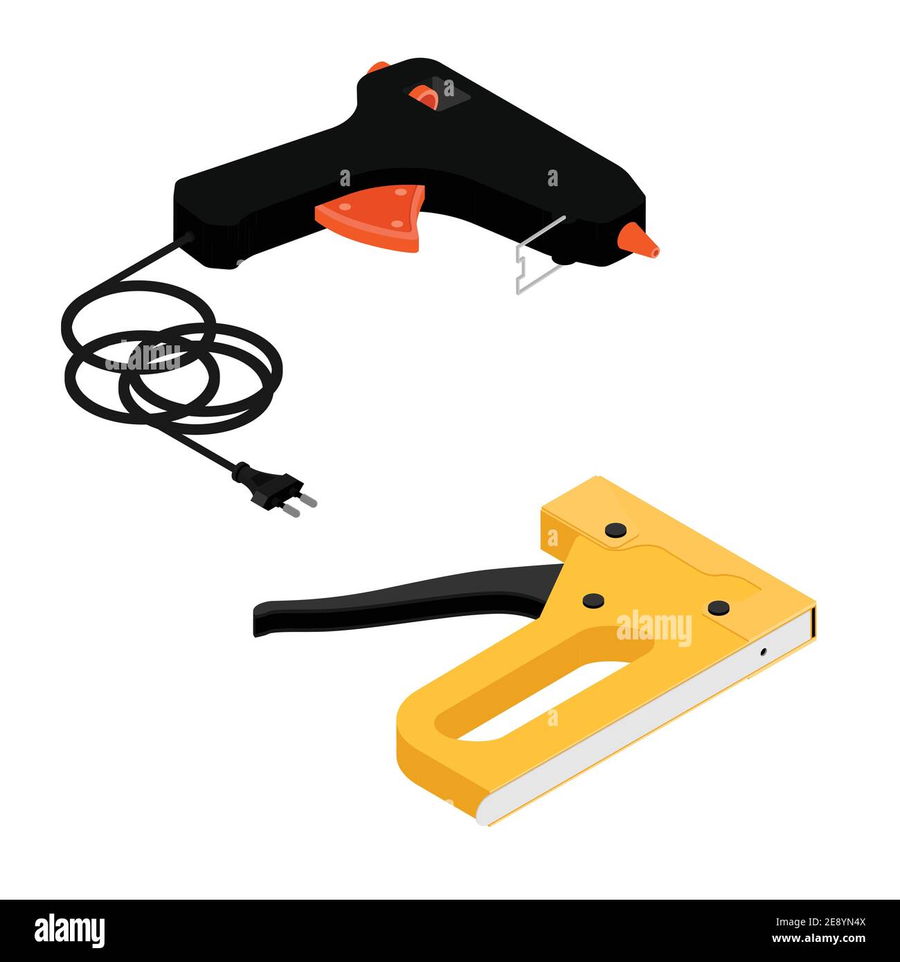 Furniture stapler and hot glue gun repair tools isolated on white
