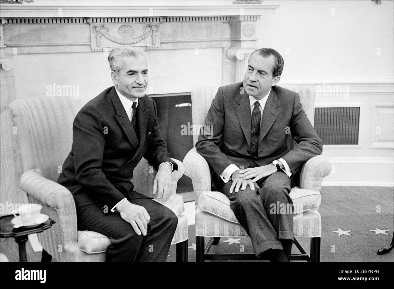 Mohammad Reza Pahlavi, Shah of Iran with U.S. President Richard Nixon at White House, Washington, D.C., USA, Warren K. Leffler, October 21, 1969 Stock Photo