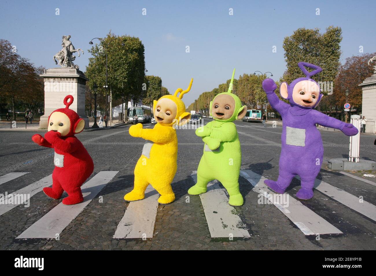 The Teletubbies, Tinky Winky, Dipsy, Laa-Laa and Po on the Place de la Concorde in Paris, for the first time in France to celebrate their 10th anniversary on October 15, 2007. Photo by Mousse/ABACAPRESS.COM Stock Photo
