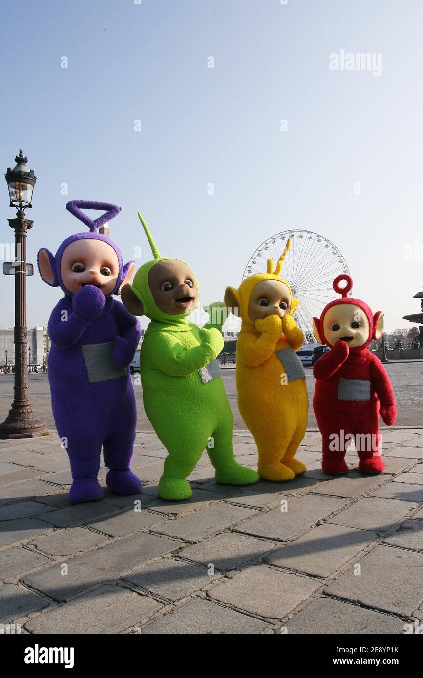 The Teletubbies, Tinky Winky, Dipsy, Laa-Laa and Po on the Place de la Concorde in Paris, for the first time in France to celebrate their 10th anniversary on October 15, 2007. Photo by Mousse/ABACAPRESS.COM Stock Photo