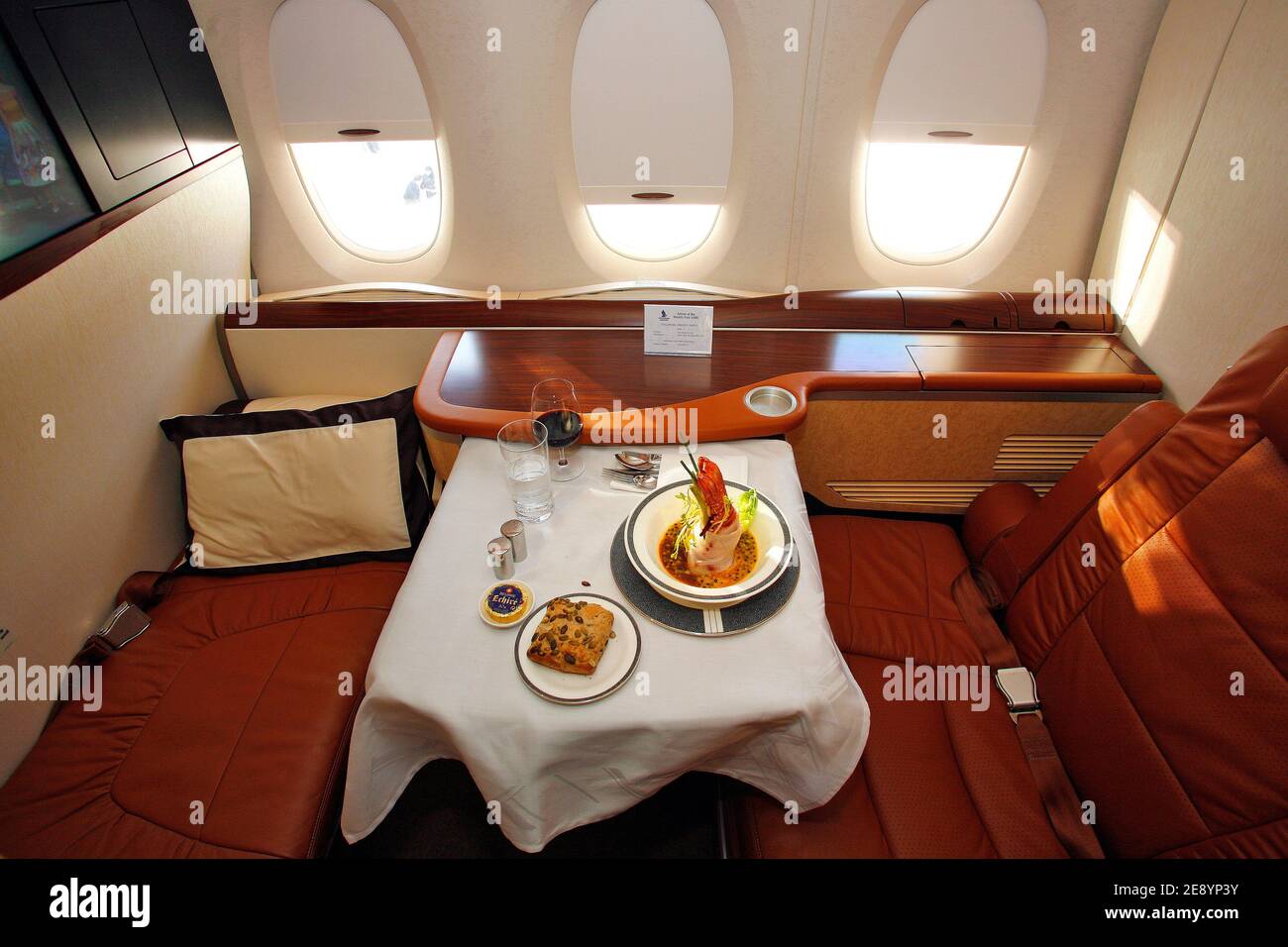 Business class section aboard the first Airbus A380, the world's largest passenger aircraft, as the delivery of it is made to Singapore Airlines following a ceremony at the Airbus delivery centre in Toulouse, France on October 15, 2007. Airbus claims the A380 offers a much quieter and more spacious cabin than its rivals. It can carry up to 853 passengers in an economy class-only configuration, but Singapore Airlines' A380's will have 471 seats. Photo by Pascal Parrot/ABACAPRESS.COM Stock Photo