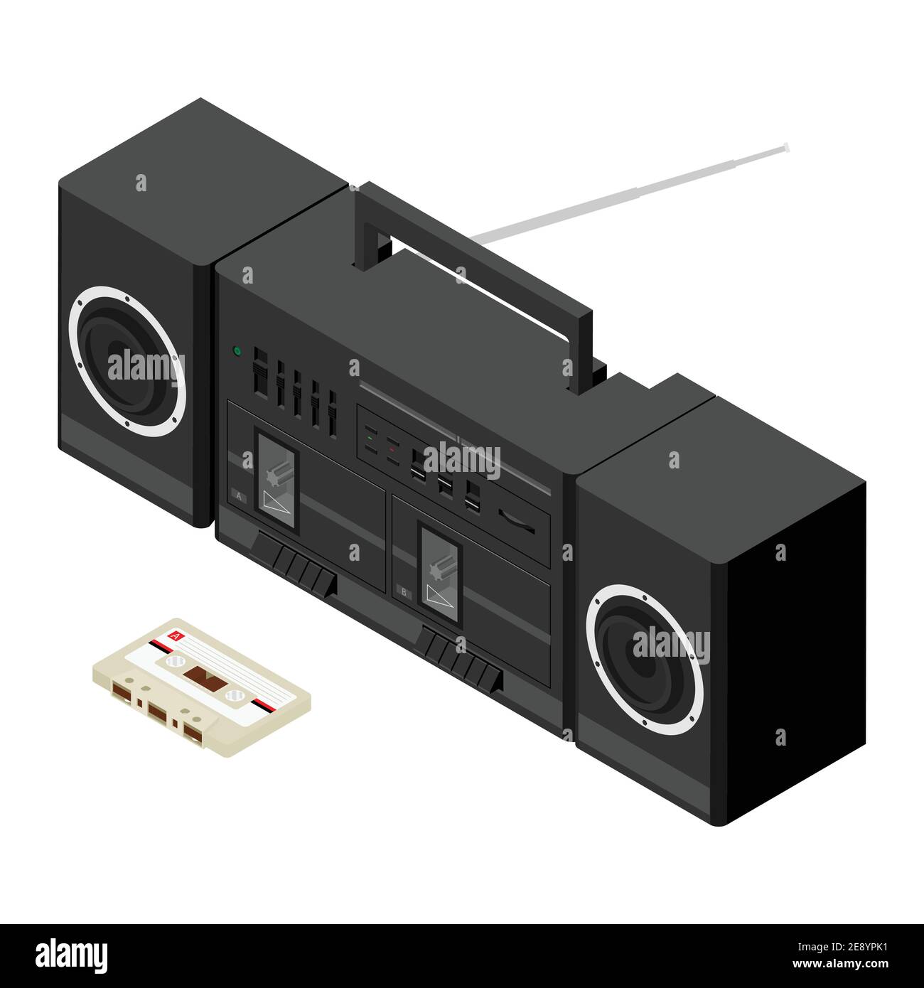 Retro tape player. Vintage cassette music player, old sound recorder and audio cassettes. Stereo acoustic dj sound analogue boombox pop music player. Stock Vector