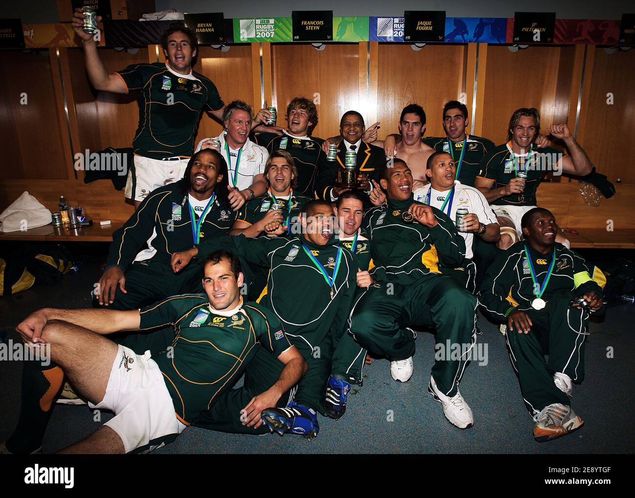 South africa celebrate victory in the dressing room hires stock