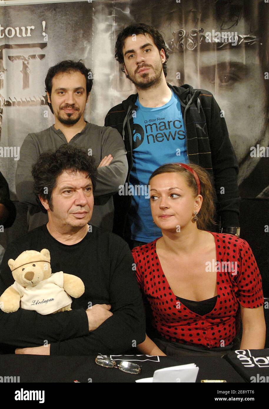 Cast members of French TV channel M6 serie, Kaamelott: from L to R  Alexandre Astier, Simon Astier, (first row) Lionnel Astier and Anne  Girouard during a DVD signing at Saint-Lazare FNAC store