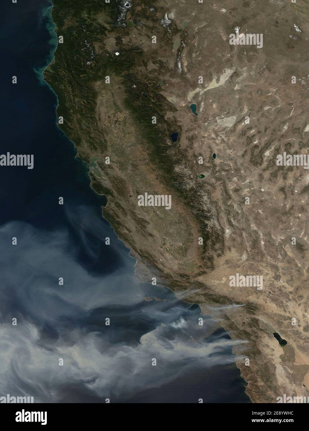 NASA satellites continue to capture remarkable new images of the wildfires raging in Southern California, USA on October 23, 2007. At least 14 massive fires are reported to have scorched about 425 square miles from north of Los Angeles to southeast of San Diego. This image, captured by NASA, captured plumes of smoke, seen blowing off the coast, indicating the intensity of the winds and the presence of additional fires farther south. Photo via NASA/ABACAPRESS.COM Stock Photo