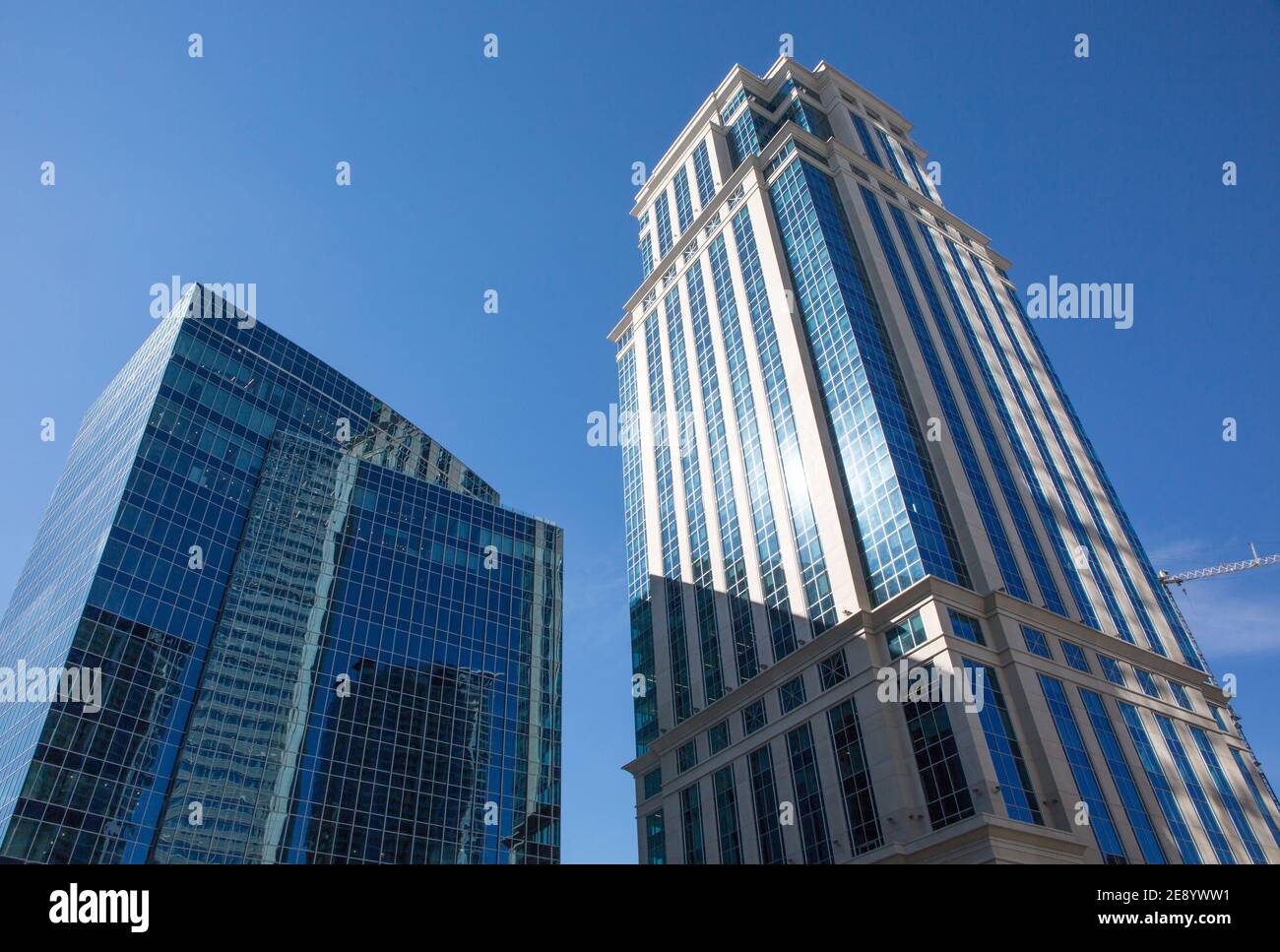 A closeup of two modern office buildings in downtown Charlotte, North