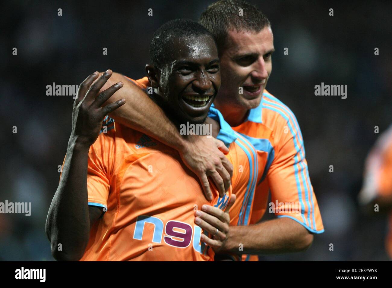 Olympique Marseille's Mamadou Niang and Benoit Cheyrou celebrate after the  first goal during the UEFA Champions league, Group A, Olympique de Marseille  vs Fc Porto at the Velodrome stadium in Marseille, France
