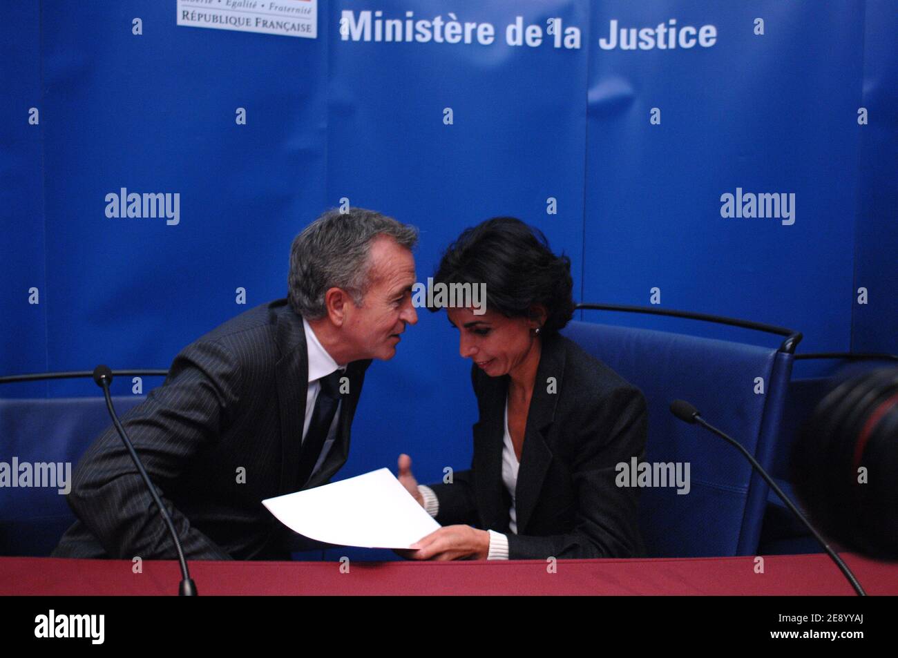 France's Minister of Justice Rachida Dati talks with First President of the Paris Court law, Jean-Claude Magendie prior to gives a press conference at the Court law, in Paris, France, on October 29, 2007. Photo by Christophe Guibbaud/ABACAPRESS.COM Stock Photo