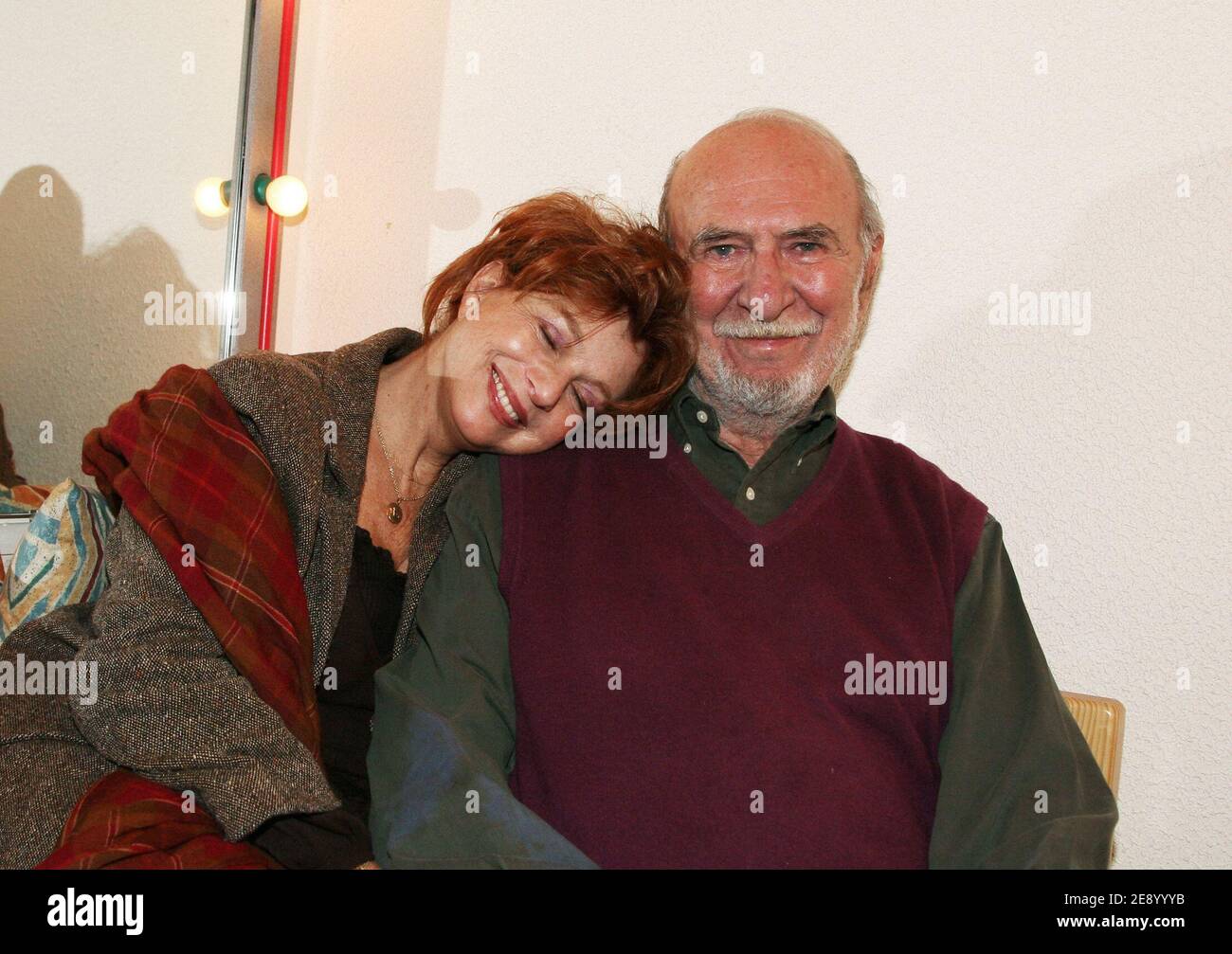 EXCLUSIVE - Actor Jean-Pierre Marielle and his wife actress Agathe Natanson  pose backstage after performing their play 'Les Mots et la Chose' at the  Theatre de l'Oeuvre in Paris, France, on October