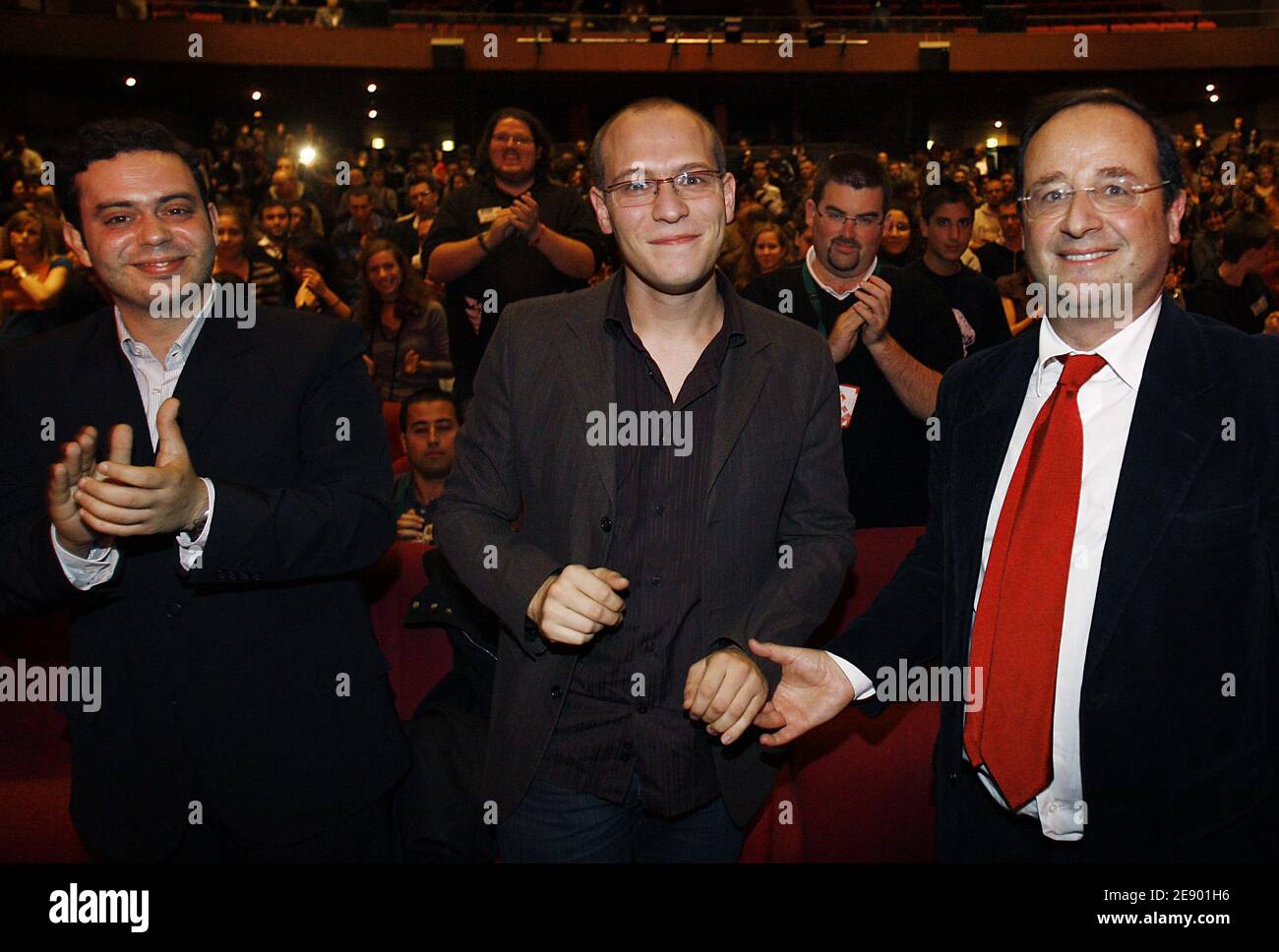 Razzy Hammadi, Antoine Detourne and Socialist party leader Francois Hollande attend the 8th Congress of MJS, 'Mouvement des Jeunes Socialistes', in Saint-Medard-en-Jalles, near Bordeaux, France, on November 4, 2007. New-elected president Antoine Detourne replaces Razzy Hammadi. Photo by Patrick Bernard/ABACAPRESS.COM Stock Photo