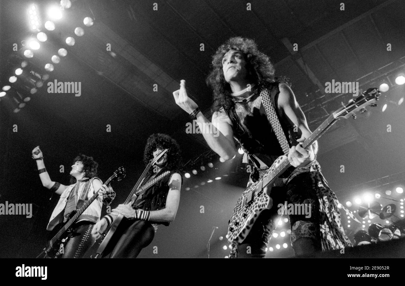 ZWOLLE,  THE NETHERLANDS - NOV 04, 1984: Kiss without make-up live in concert in the Netherlands  to promote their album Animalize. Stock Photo
