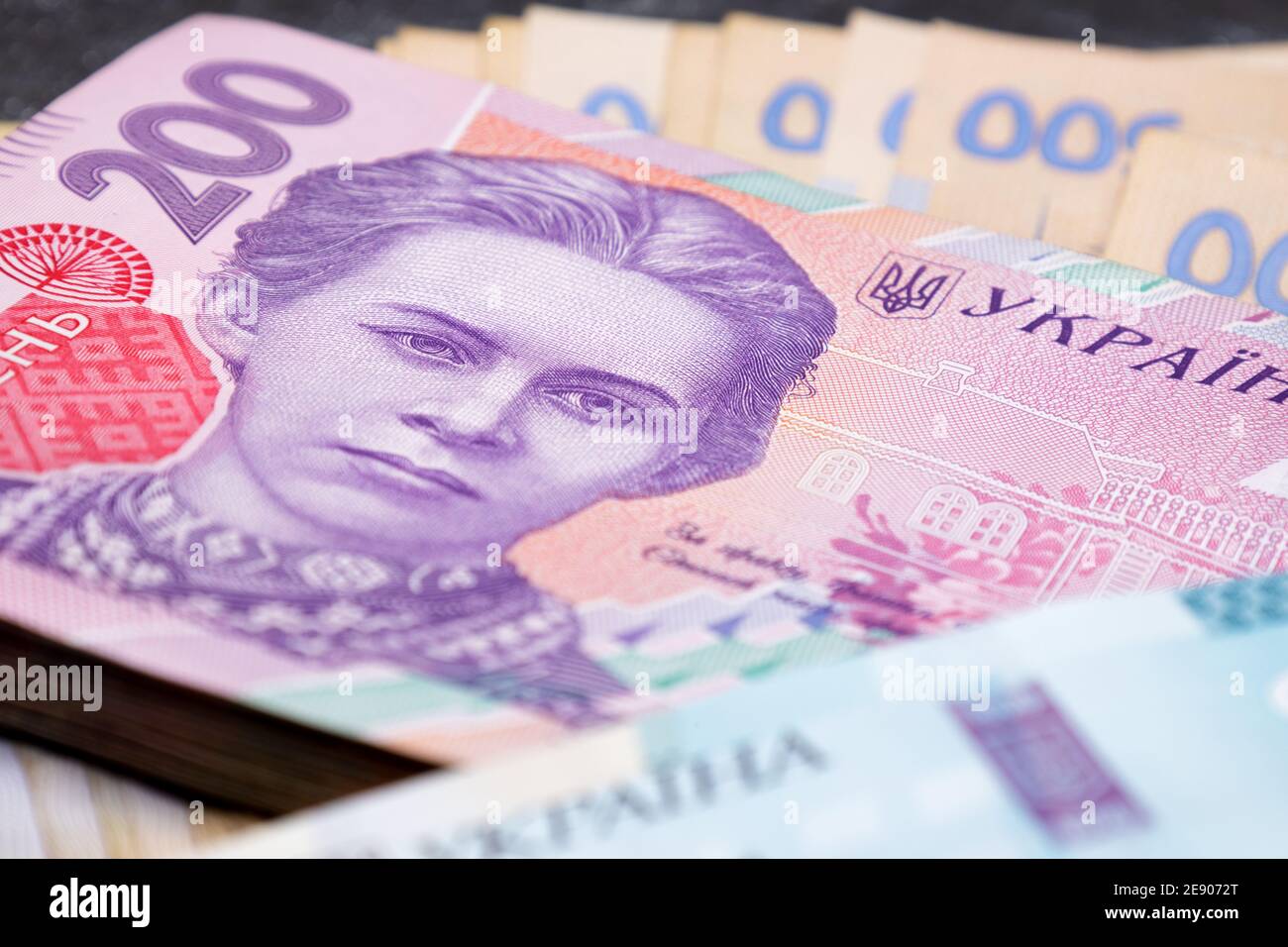 Money Ukraine. 200 hryvnia. Portrait of the Ukrainian poetess Lesya Ukrainka Stock Photo