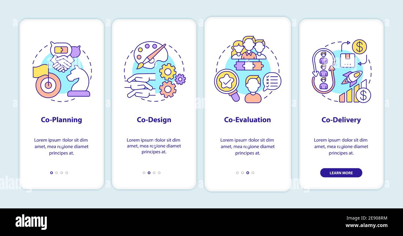 Co-production elements onboarding mobile app page screen with concepts Stock Vector