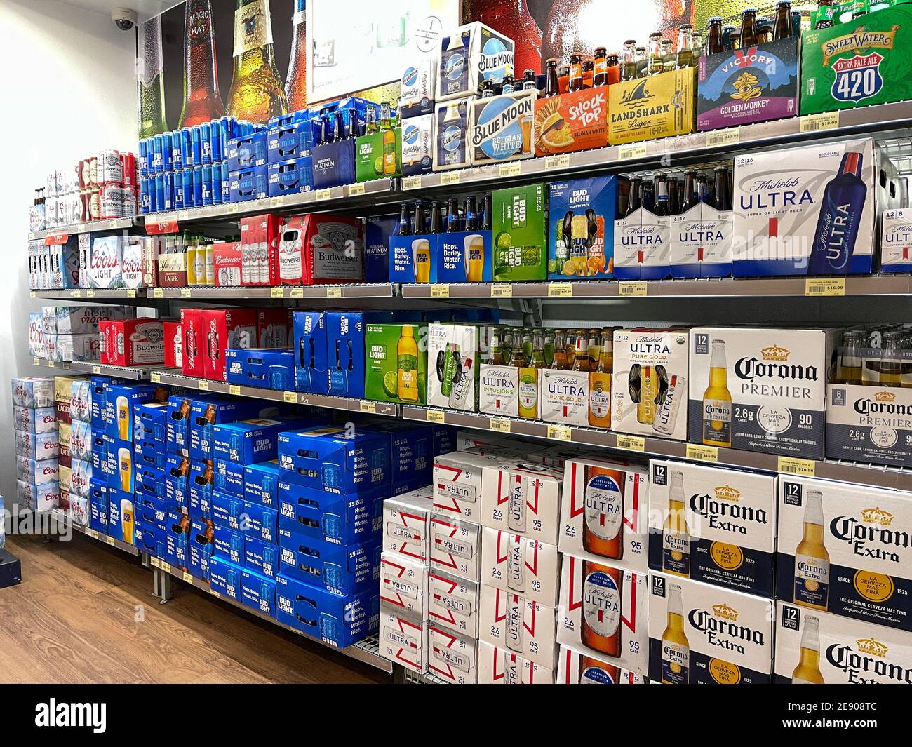 Orlando,FL USA - January 26, 2021:  Cases of beer in a grocery store. Stock Photo