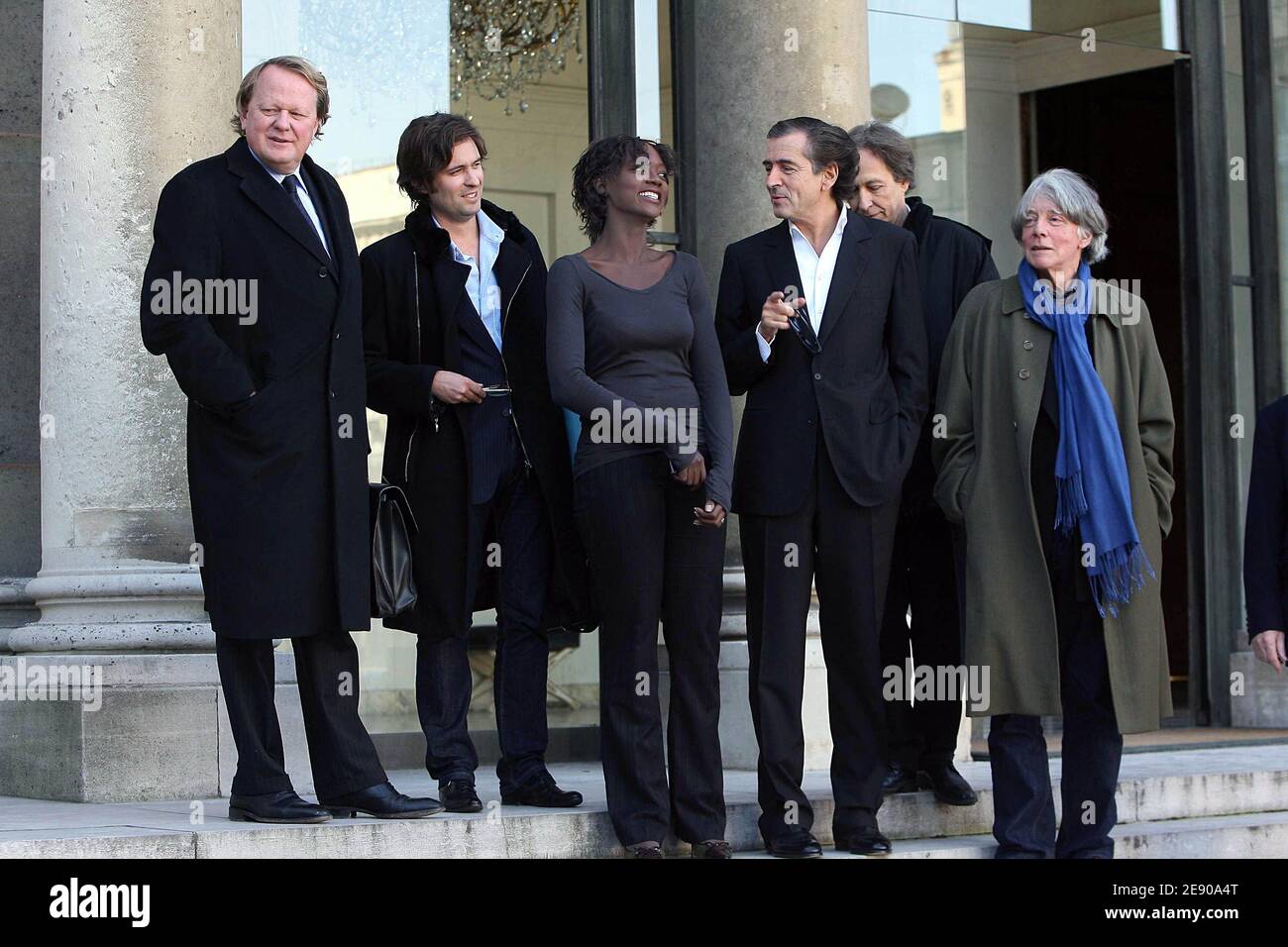 Ministers Rama Yade and Bernard Kouchner chat with Bernard Henri-Levy and  Andre Glucksmann after their meeting with President Sarkozy at Elysee  Palace in Paris, France on November 24, 2007 to speak about
