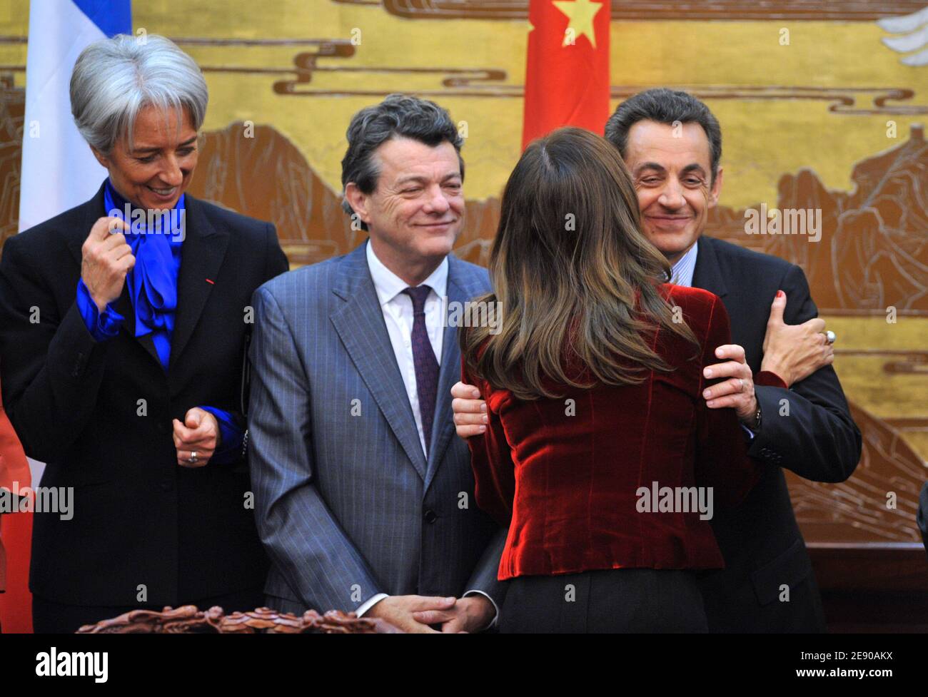 French president Nicolas Sarkozy and members of his government attends a meeting with President of the People Republic of China Hu Jintao at the 'Great Hall of People' during three day state visit in Beijing, China, on November 26, 2007. Photo by Christophe Guibbaud/ABACAPRESS.COM Stock Photo