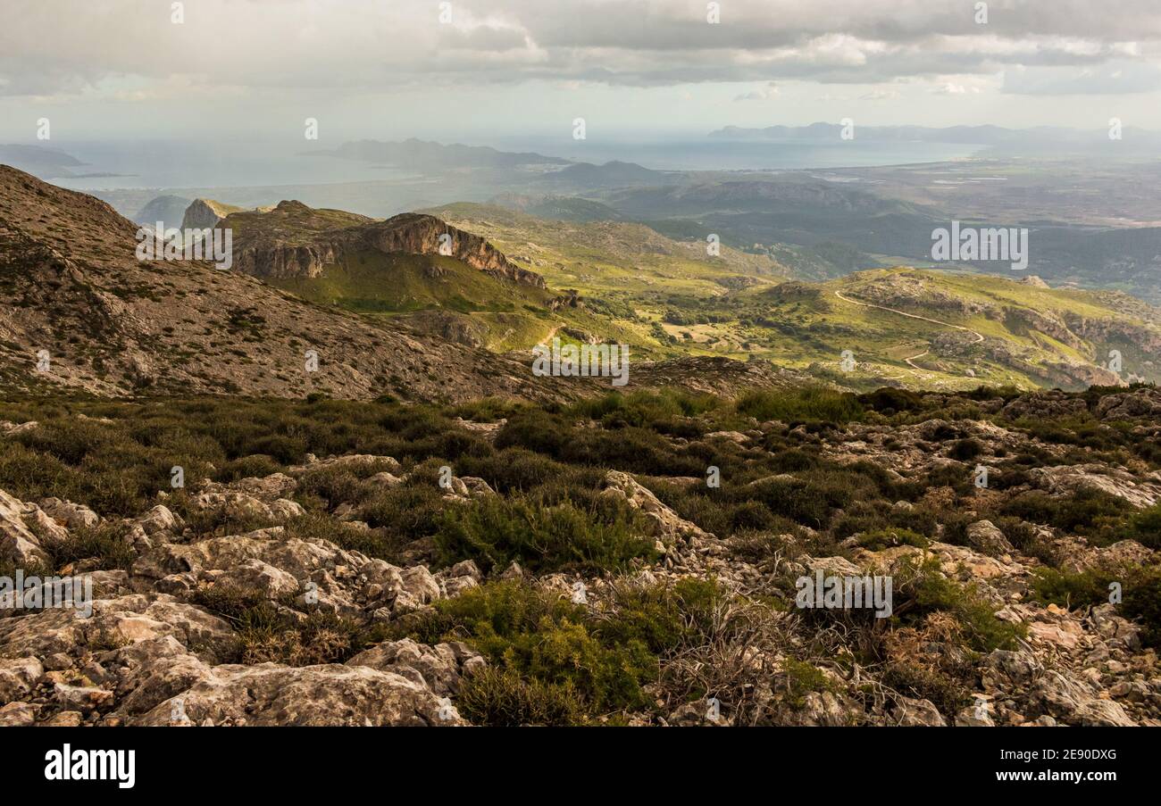 Mountain landscape below cloudy sky. Escorca. Serra de Tramuntana. Mallorca Island. Spain. Stock Photo