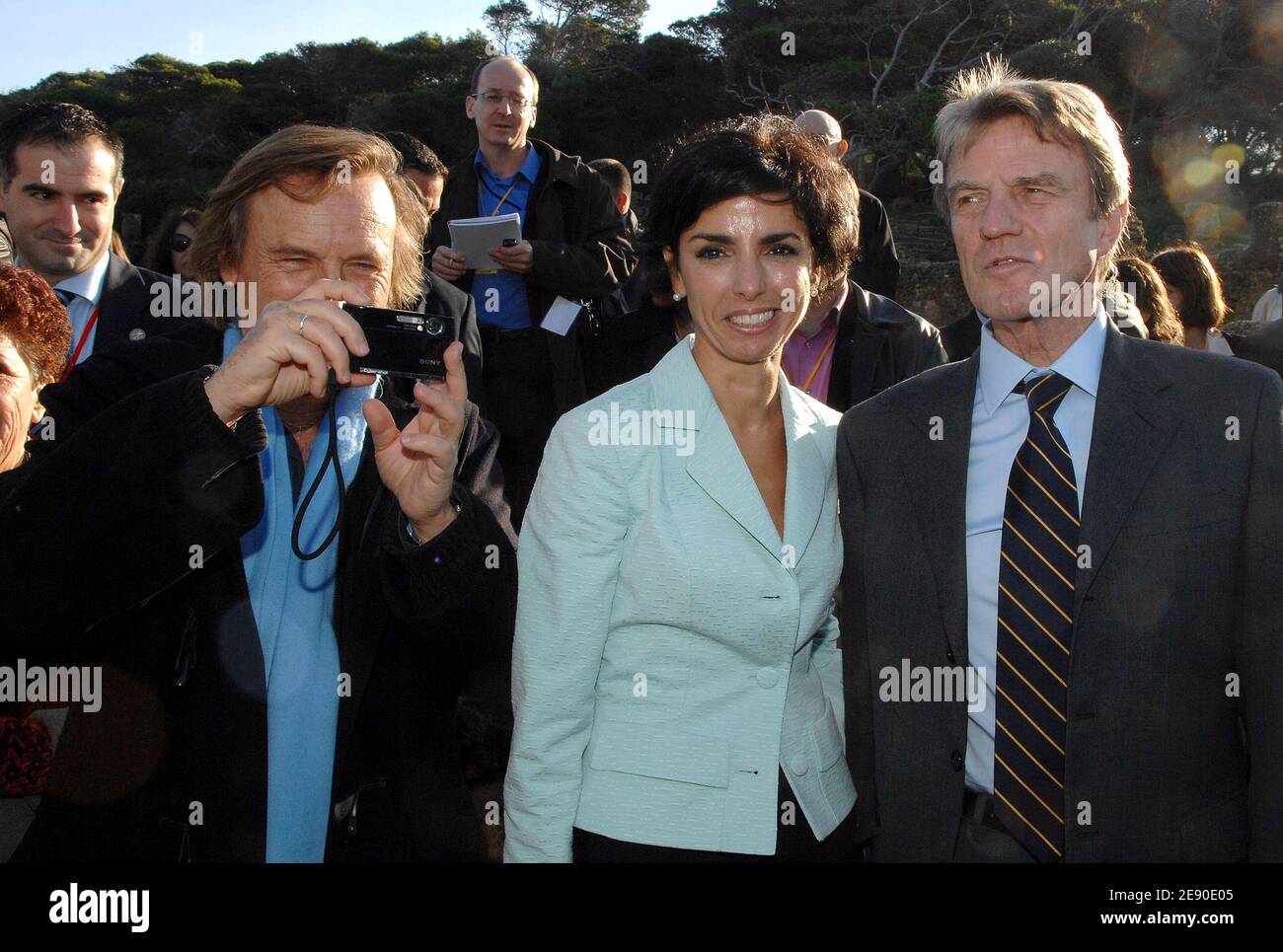 Alexandre Arcady, director (left), Rachida Dati and Bernard Kouchner pose front Roman ruins at the archeologic and antic city of Tipaza, on a second day of a 3-Day official trip from French President Nicolas Sarkozy in Algeria, on December 4, 2007. Photo by Christophe Guibbaud/ABACAPRESS.COM Stock Photo