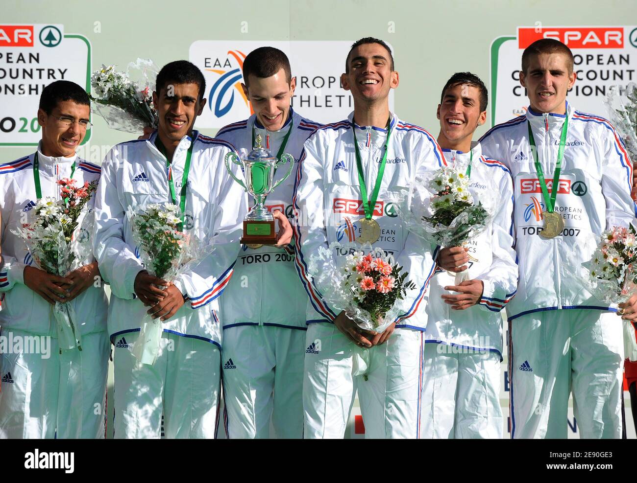 French Junior Athletic's team ( Mourad Amdouni, Florien Carvalho, Hassan Chahdi, Younes El Haddad, Rachid Amrane and Matthieu Le Stum ) celebrate the victory during the 14 th European Cross Country Championships, in Toro, Spain, on December 9, 2007. Photo by Stephane Kempinaire/Cameleon/ABACAPRESS.COM Stock Photo