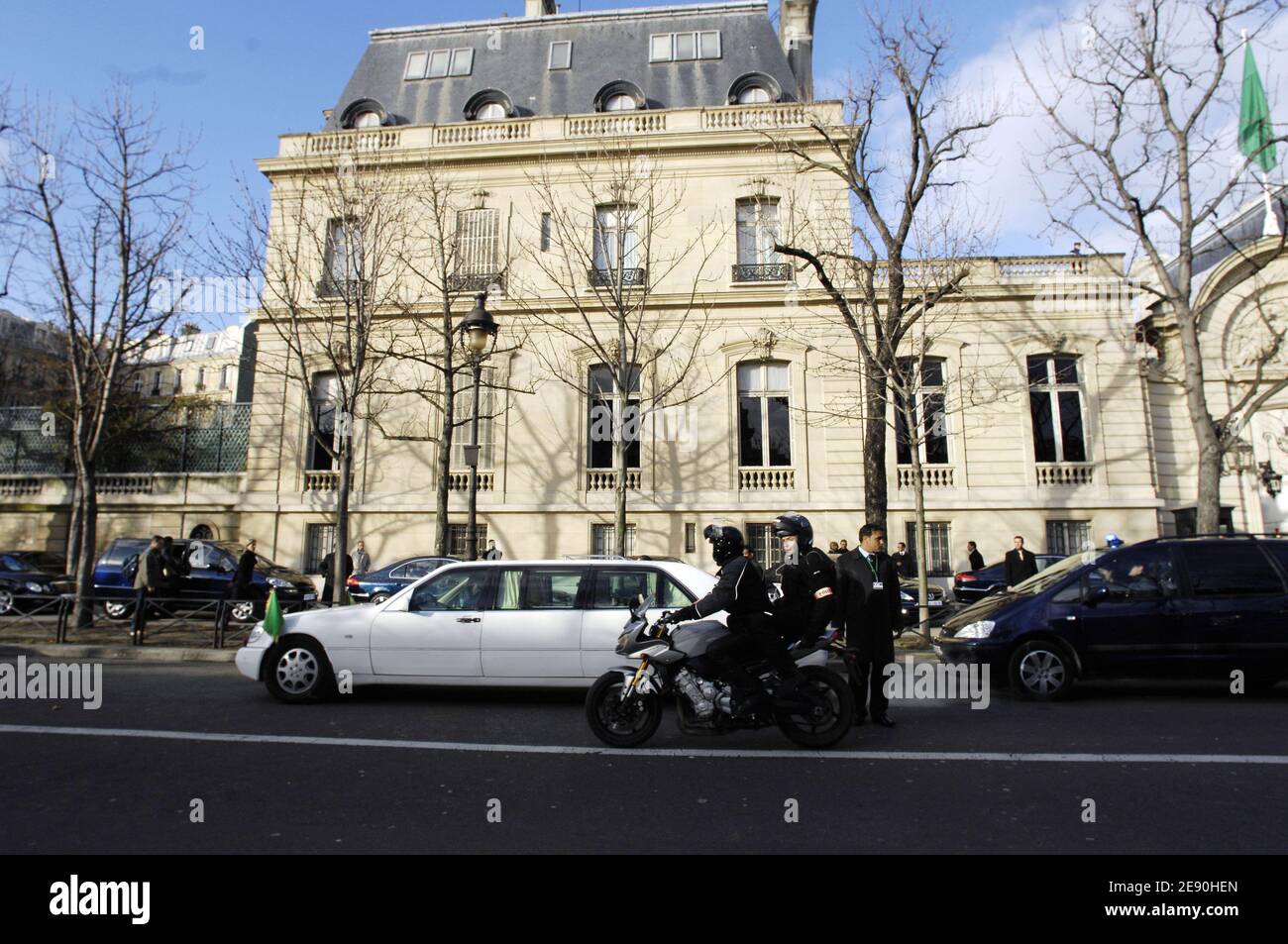 Libyan leader Moammar Gadhafi gets out of Marigny hotel to visit the National Assembly in Paris, France, on December 11, 2007. Kadhafi is hosted in this hotel during his first visit to France for more than 30 years. Photo by ABACAPRESS.COM Stock Photo