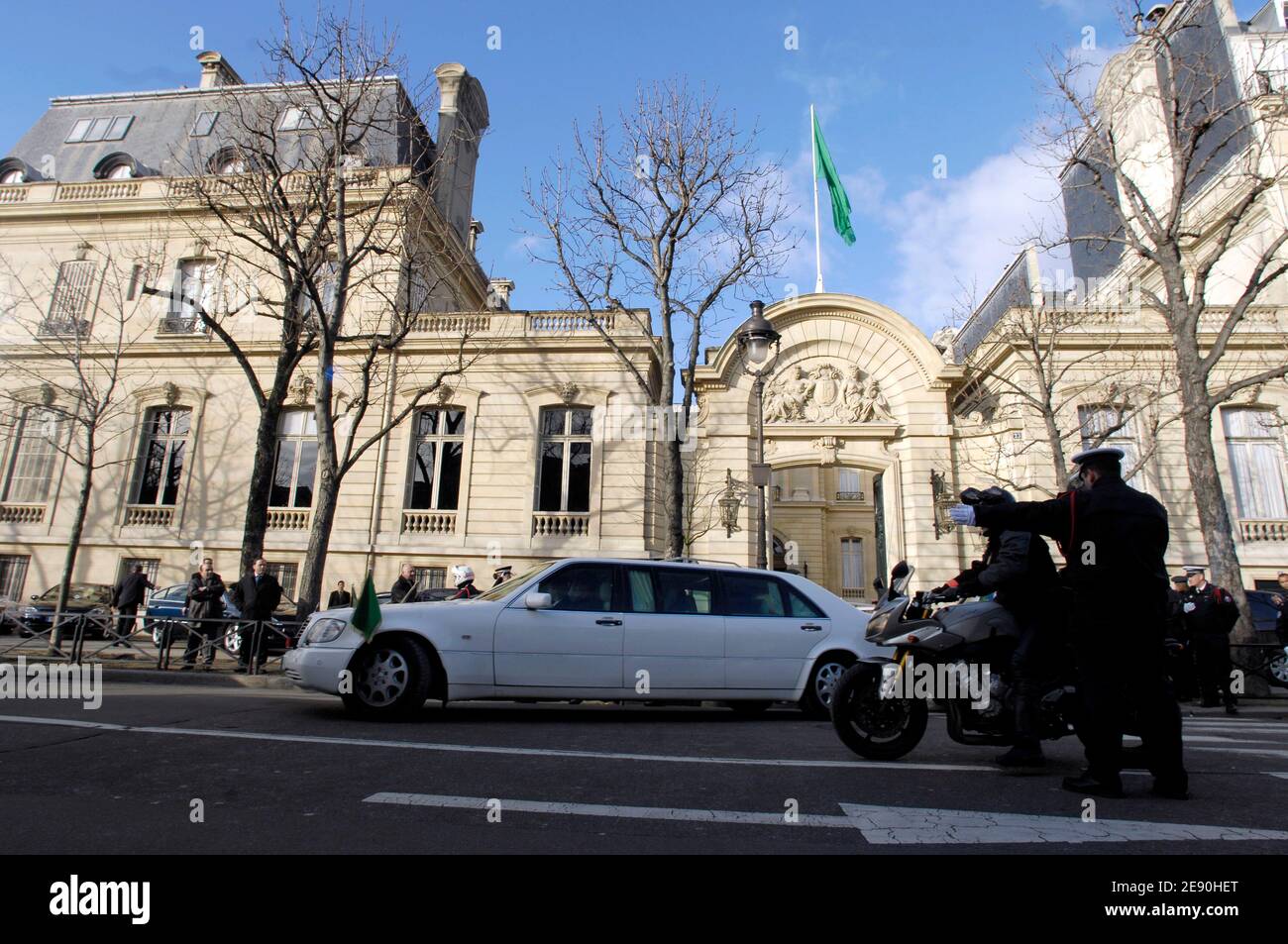 Libyan leader Moammar Gadhafi gets out of Marigny hotel to visit the National Assembly in Paris, France, on December 11, 2007. Kadhafi is hosted in this hotel during his first visit to France for more than 30 years. Photo by ABACAPRESS.COM Stock Photo