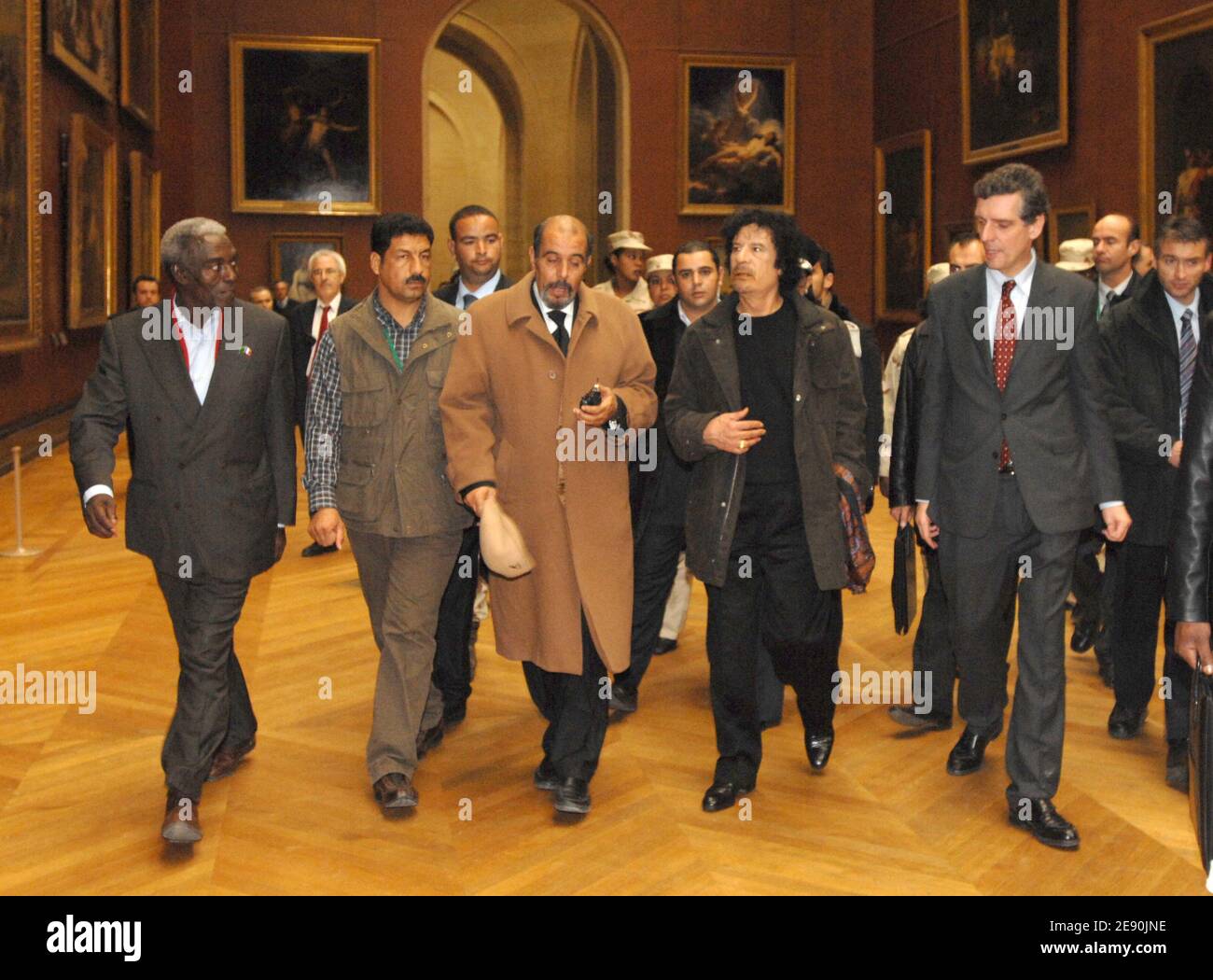 Libyan leader Moammar Gadhafi looks at paintings as he visits the Louvre museum during his controversial six-day visit in Paris, France on December 13, 2007. Photo by Chesnot-Stevens/Pool/ABACAPRESS.COM Stock Photo