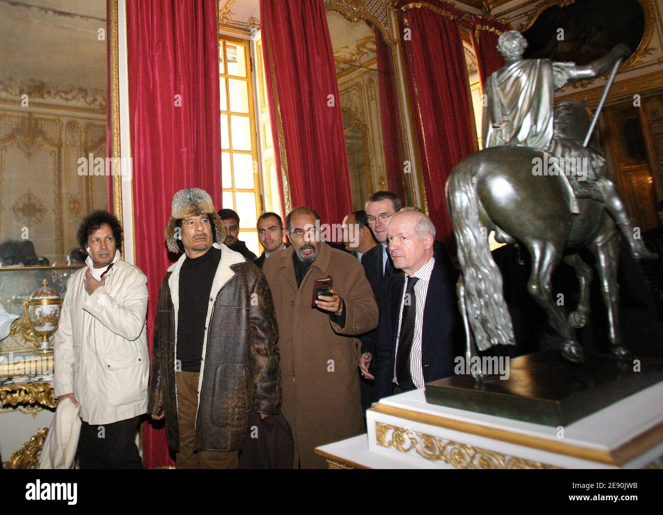 Libyan leader Moammar Gadhafi visits the Versailles Castle, France on December 14, 2007 during the latest sightseeing surprise on his high profile state visit to France. Photo by Patrick Kovarik/Pool/ABACAPRESS.COM Stock Photo