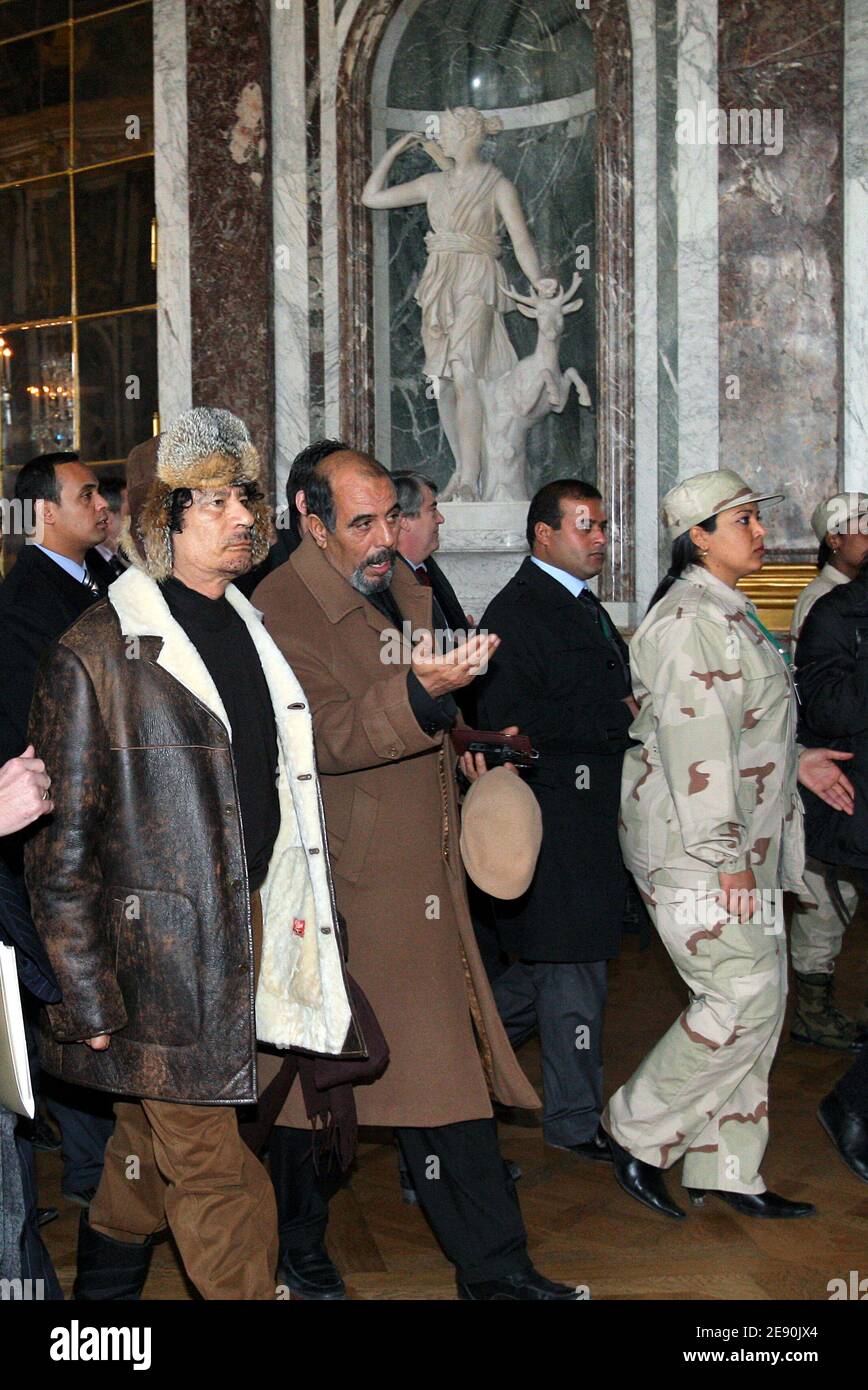 Libyan leader Moammar Gadhafi visits the Versailles Castle, France on December 14, 2007 during the latest sightseeing surprise on his high profile state visit to France. Photo by Patrick Kovarik/Pool/ABACAPRESS.COM Stock Photo