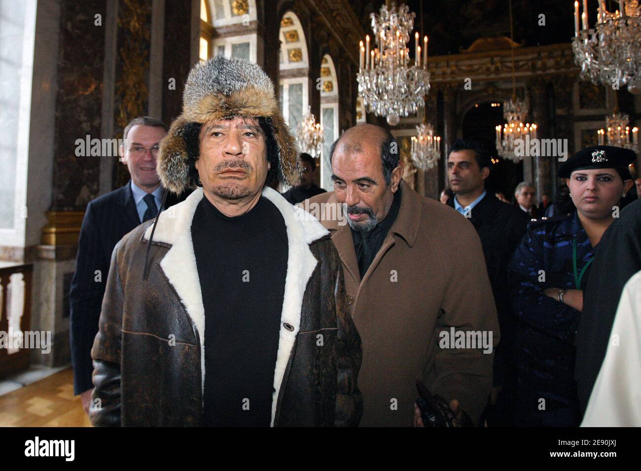 Libyan leader Moammar Gadhafi visits the Versailles Castle, France on December 14, 2007 during the latest sightseeing surprise on his high profile state visit to France. Photo by Patrick Kovarik/Pool/ABACAPRESS.COM Stock Photo