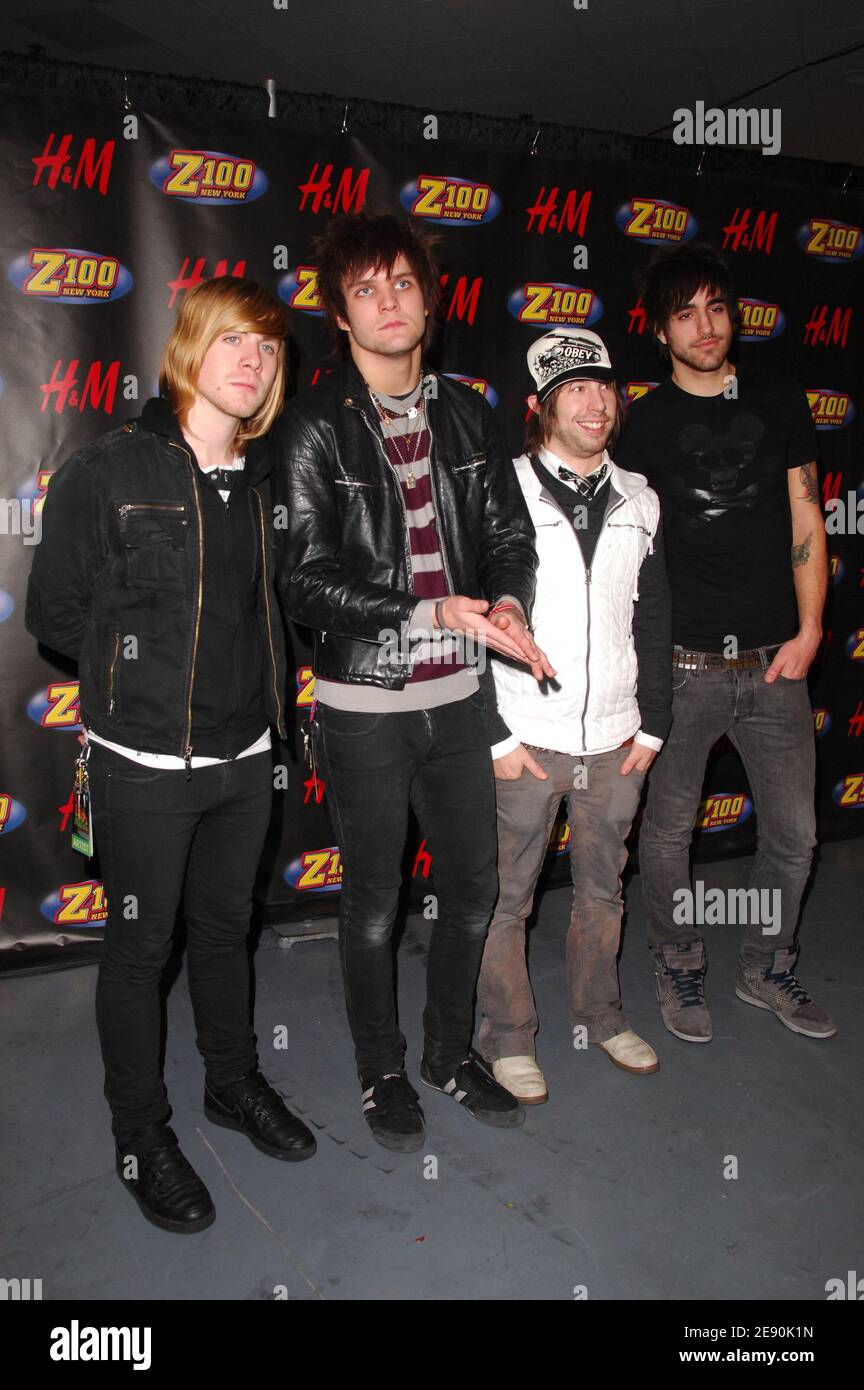 L-R) Musicians Bryan Donahue, Martin Johnson, John Keefe, and Paul  DiGiovanni of the band Boys Like Girls pose for a photo in the press room  during Z100's Jingle Ball 2007, held at, image size:864x1390