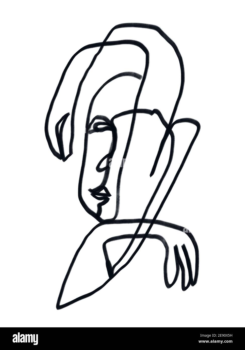 Abstract line art woman portrait and hands. Fashion design and stylish line art. Illustration