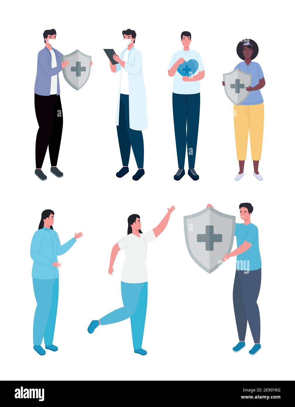 medical staff group of seven workers with immune system shield Stock