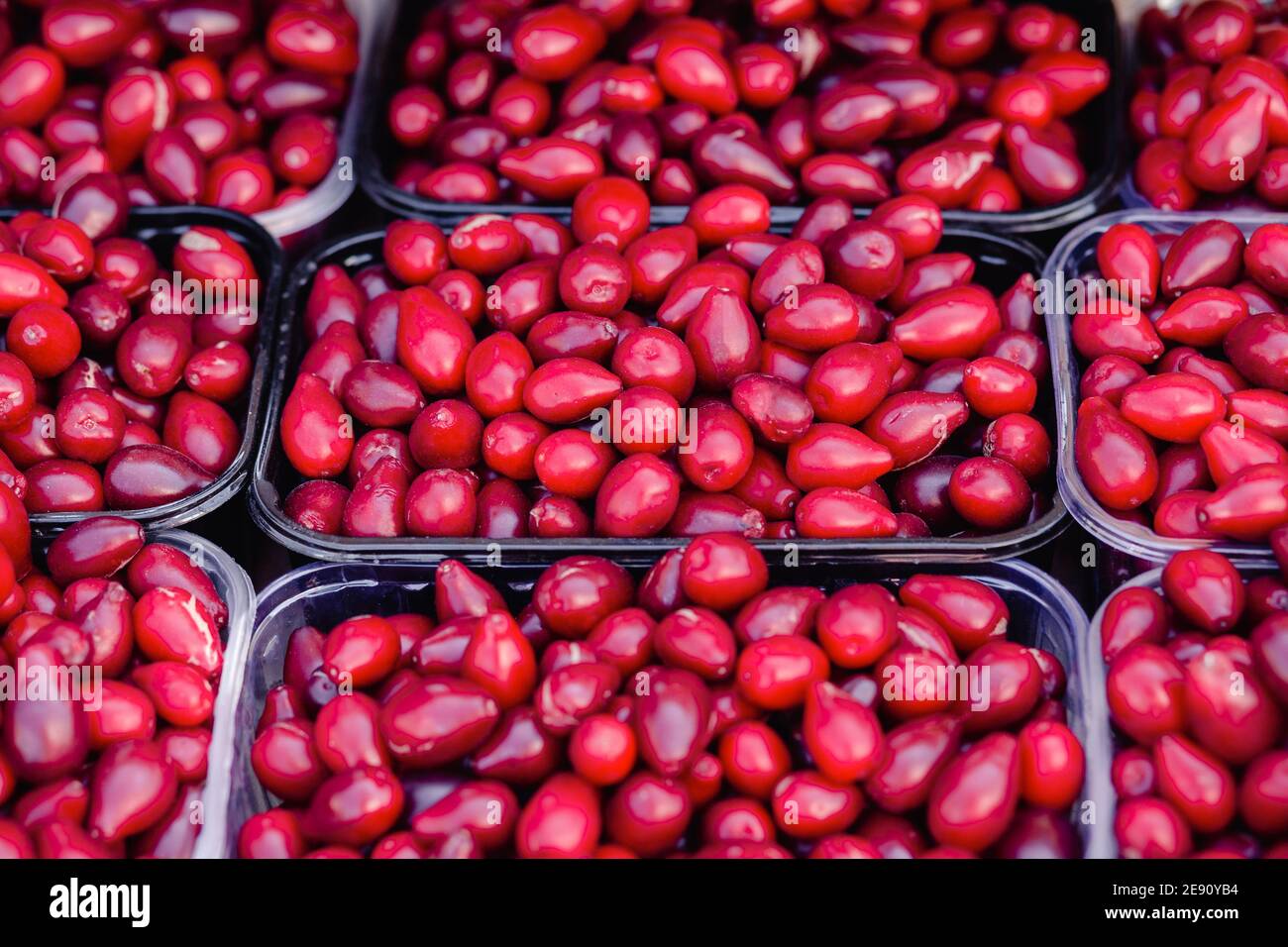 Red dogwood berries in plastic transparent container box on a street grocery shelves. Dogwood crop on sale. Fresh berries. Stock Photo