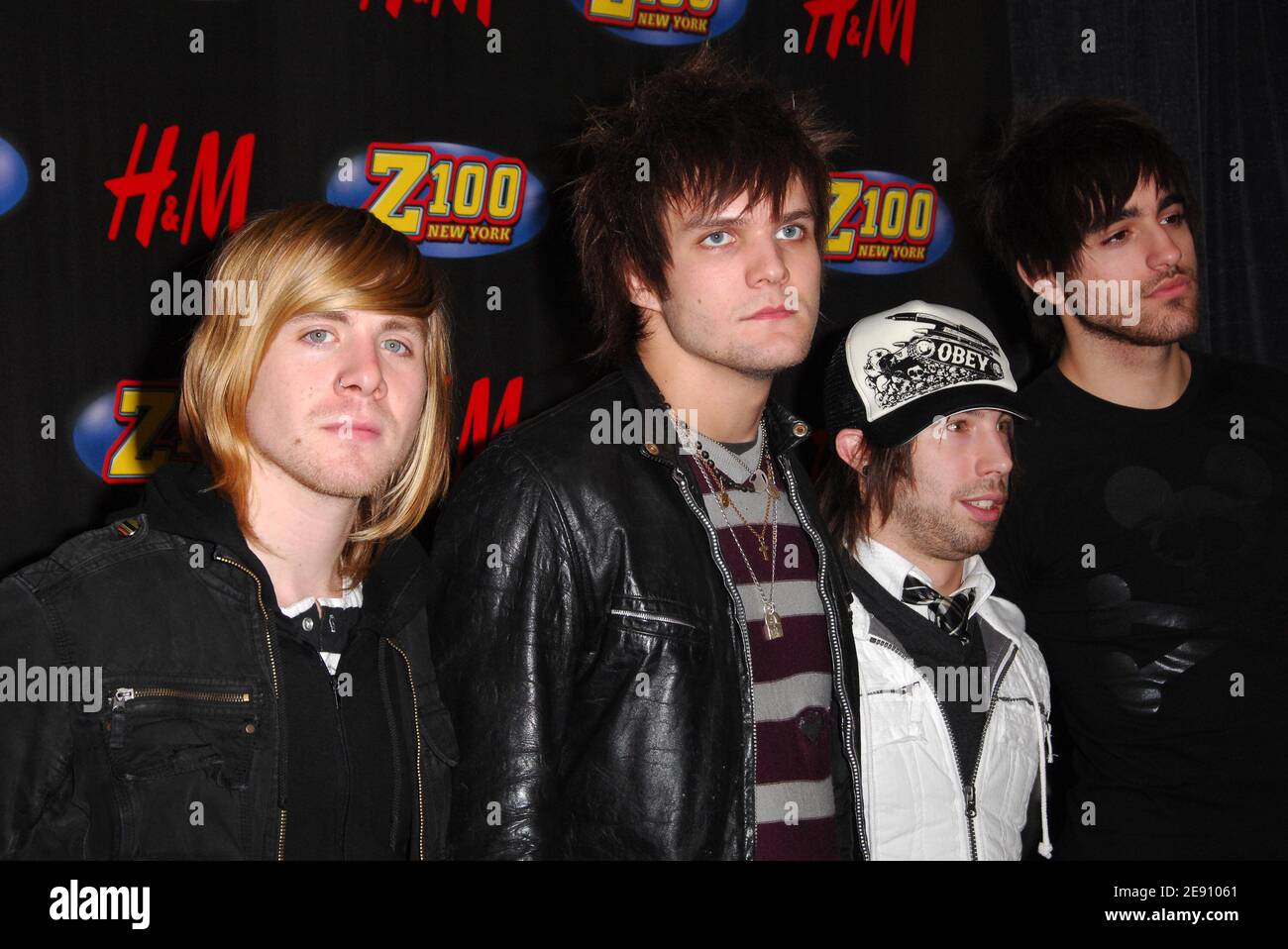 L-R) Musicians Bryan Donahue, Martin Johnson, John Keefe, and Paul  DiGiovanni of the band Boys Like Girls pose for a photo in the press room  during Z100's Jingle Ball 2007 at Madison, image size:1300x958