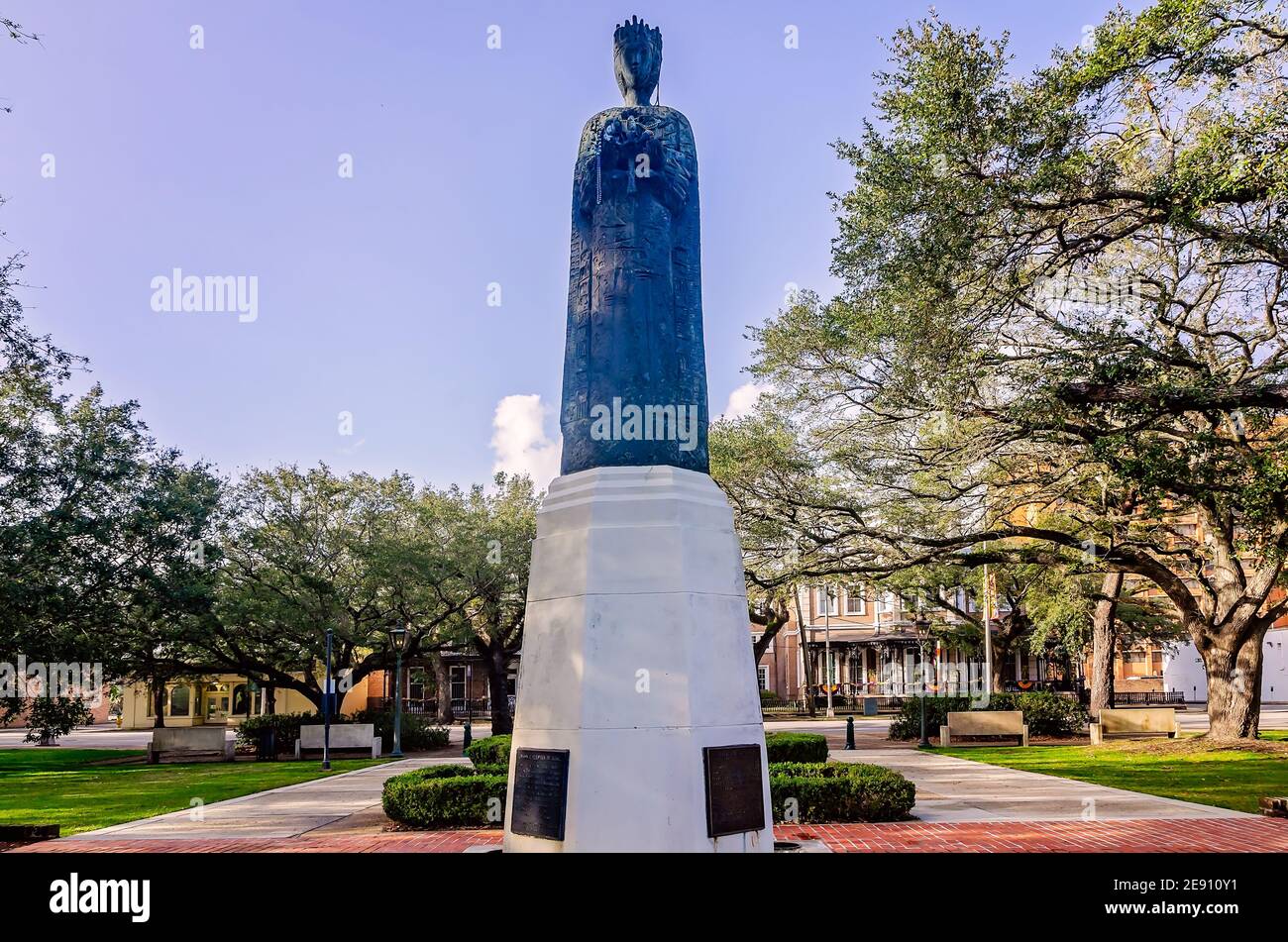 A statue of Queen Isabella of Spain stands in Spanish Plaza, Jan. 31, 2021, in Mobile, Alabama. Mobile was ruled by Spain from 1780 to 1813. Stock Photo