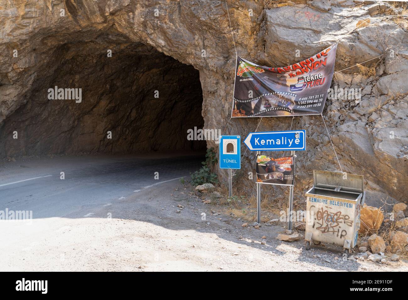 Kemaliye, Erzincan, Turkey-September 19 2020:  Kemaliye city sign at the entrance of the tunnel around Dark Canyon (Karanlik Kanyon in Turkish). Euphr Stock Photo